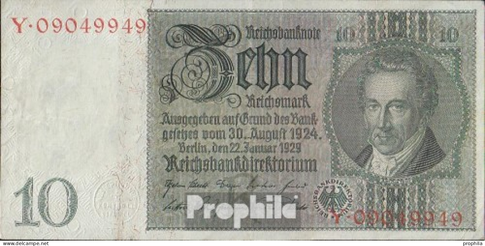 Deutsches Reich Rosenbg: 173a Udr.- Bst. R, Serien: R-Y, Wz. Thaer Gebraucht (III) 1929 10 Reichsmark - 10 Mark