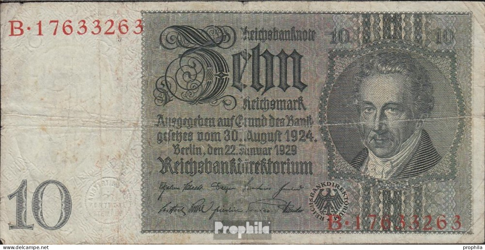 Deutsches Reich Rosenbg: 173a Udr.- Bst. B, Serien: A-F, Wz. Thaer Gebraucht (III) 1929 10 Reichsmark - 10 Mark