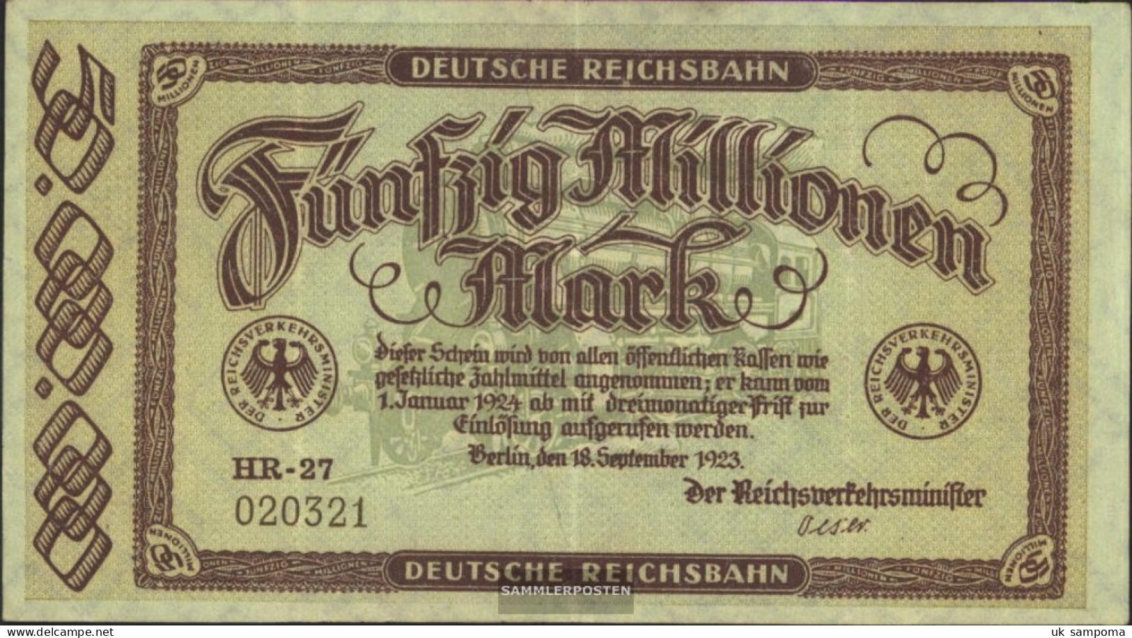 Berlin Pick-number: S1016 Inflationsgeld The German Reichsbahn Berlin Used (III) 1923 50 Million Mark - 50 Mio. Mark