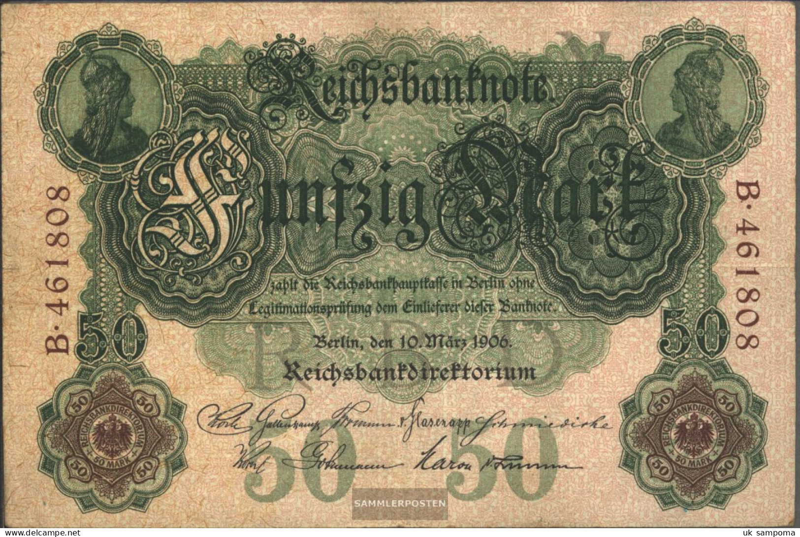 German Empire Rosenbg: 25a, 6stellige Kontrollnummer Used (III) 1906 50 Mark - 50 Mark