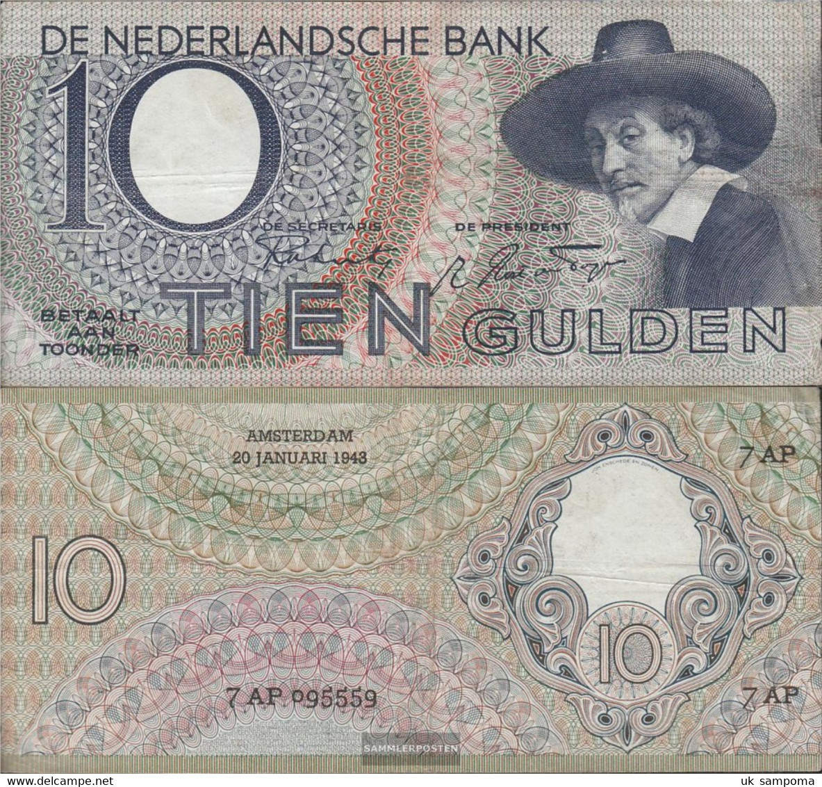 Netherlands Pick-number: 59 (1943) Used (III) 1943 10 Gulden - 10 Gulden
