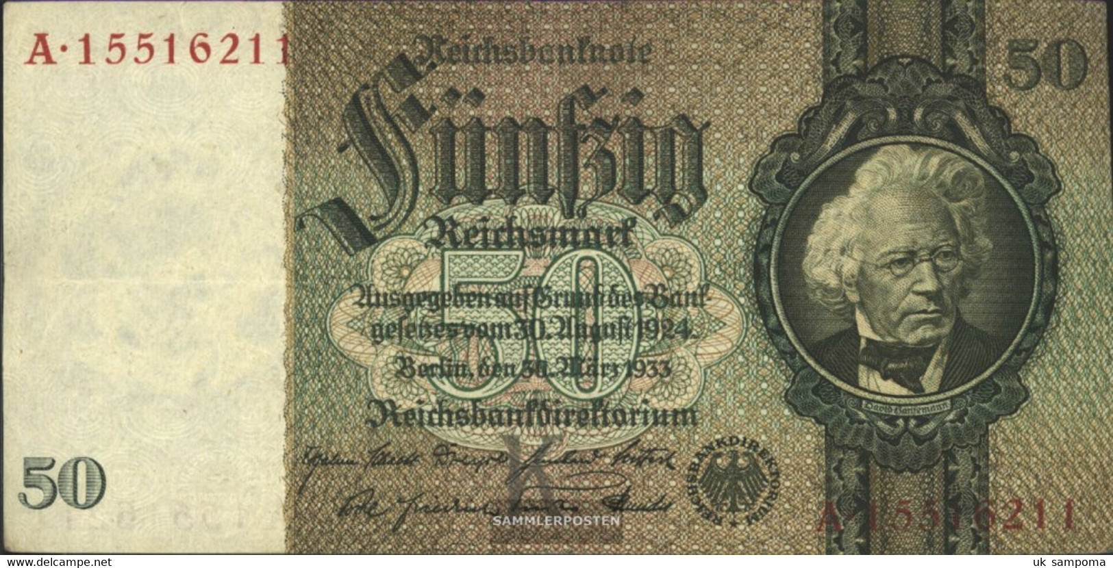 German Empire Rosenbg: 175b, Udr.-Bst.: K, Series: A-e, KN 8-stellig Used (III) 1933 50 Reichsmark - 50 Reichsmark