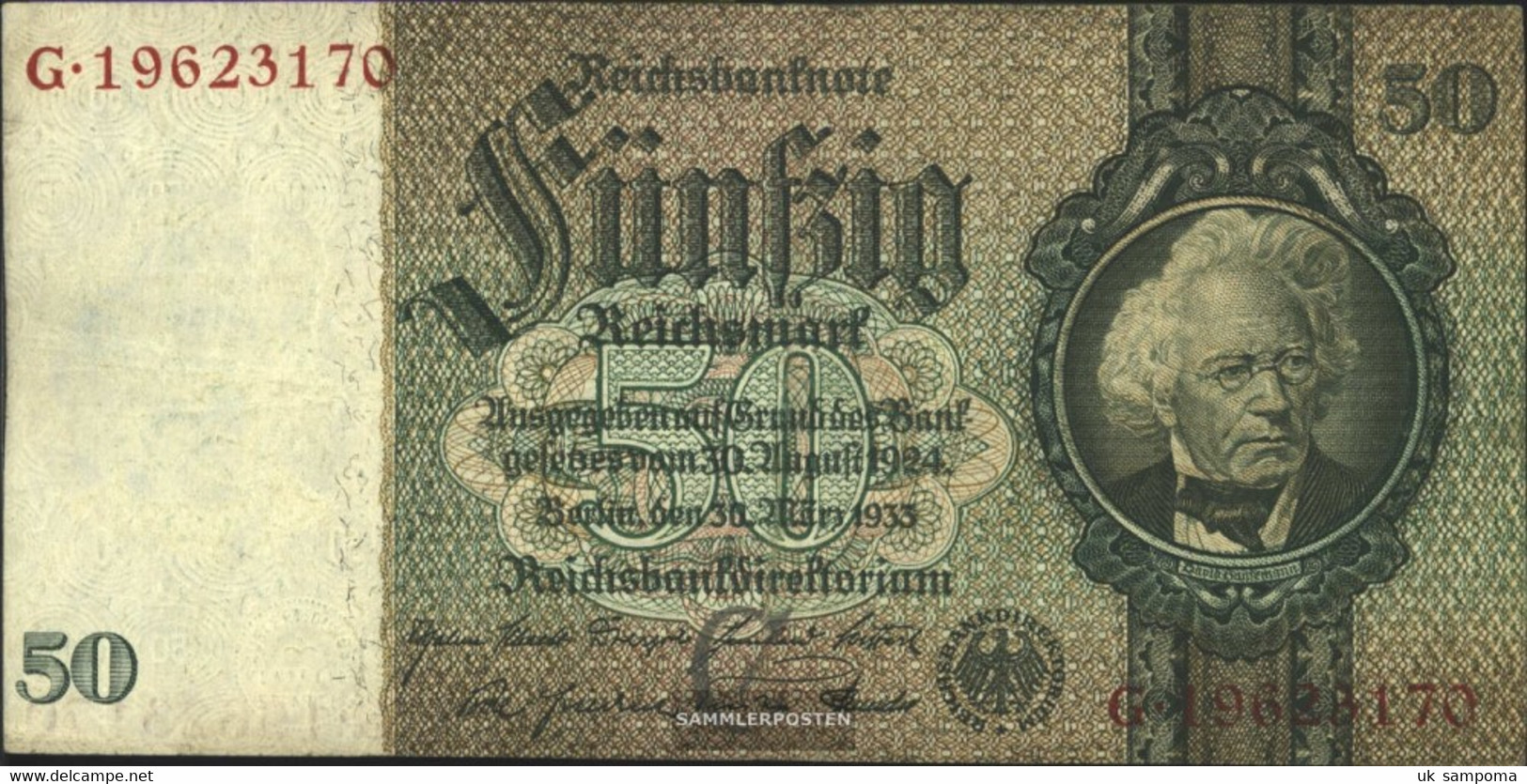 German Empire Rosenbg: 175b, Udr.-Bst.: C, Series: F-K, KN 8-stellig Used (III) 1933 50 Reichsmark - 50 Reichsmark