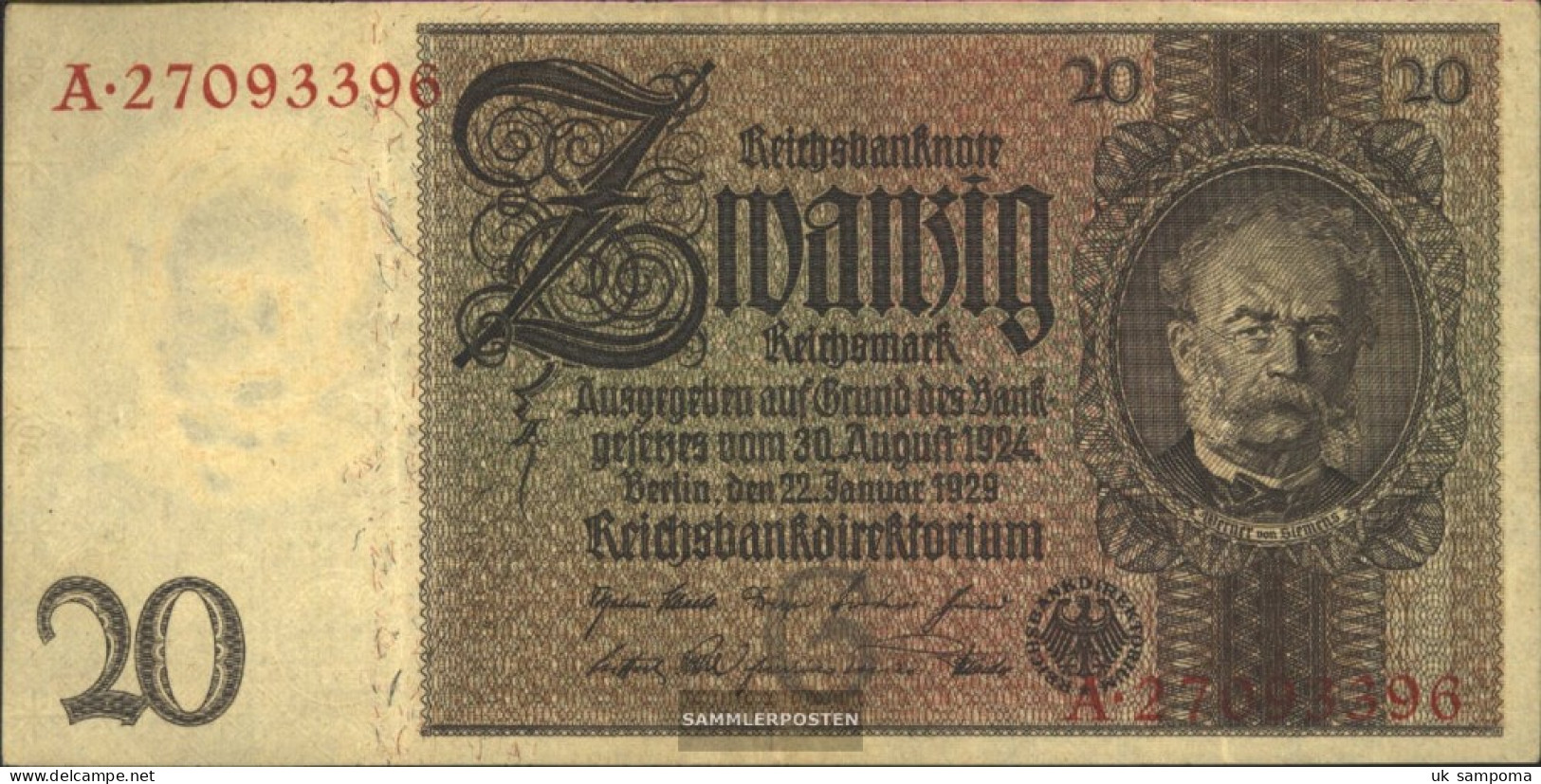 German Empire Rosenbg: 174a, Udr.-Bst.: G, Series: A-E Used (III) 1929 20 Reichsmark - 20 Mark