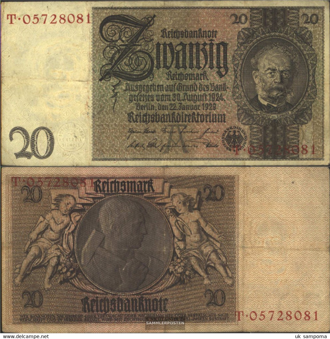 German Empire Rosenbg: 174a, Udr.-Bst.: A, Series: Q-u,peace Print,WZ.Siemens Used (III) 1929 20 Reichsmark - 20 Mark