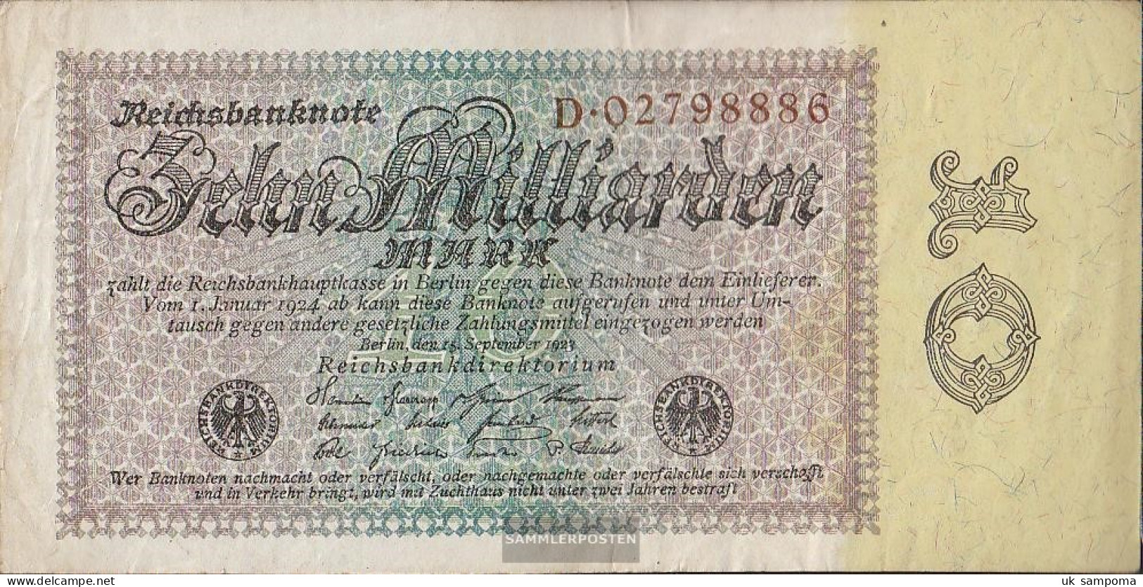 German Empire Rosenbg: 113a, Empire Printing Watermark Thistles Used (III) 1923 10 Billion Mark - 10 Mrd. Mark