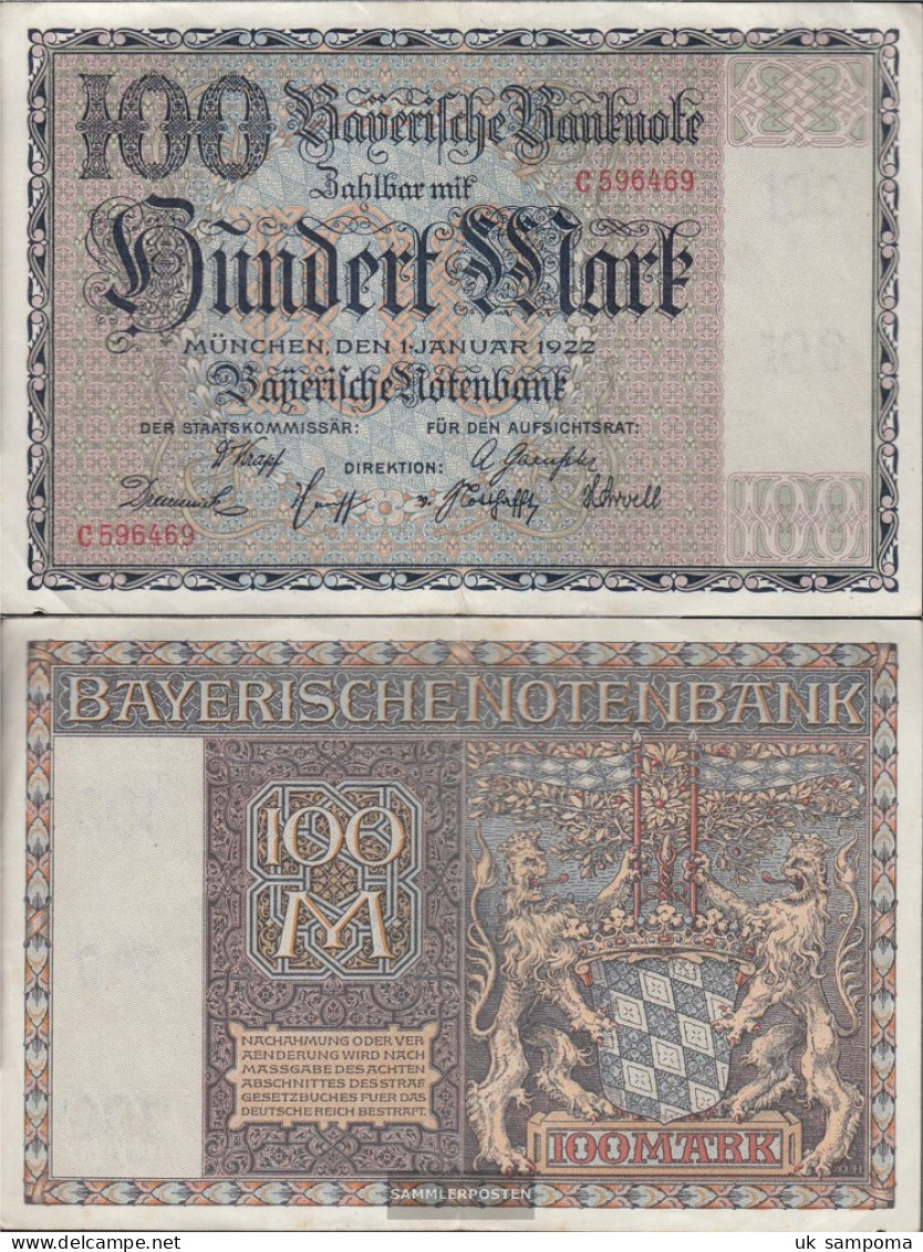 Bavaria Rosenbg: BAY4, Länderbanknote Bavaria Used (III) 1922 100 Mark - 100 Mark