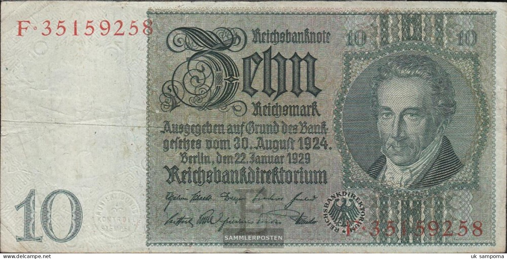 German Empire Rosenbg: 173a, Udr.-Bst. E, Series: A-F, Peace Print, WZ. Thaer Used (III) 1929 10 Reichsmark - 10 Mark