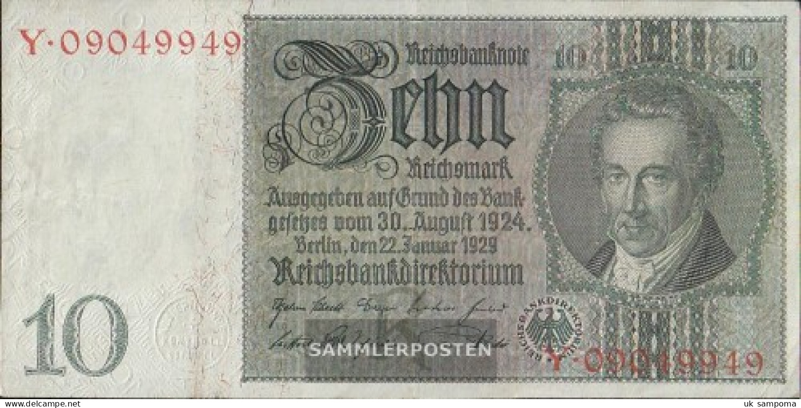 German Empire Rosenbg: 173a Udr.- Bst. R, Series: R-y, WZ. Thaer Used (III) 1929 10 Reichsmark - 10 Mark