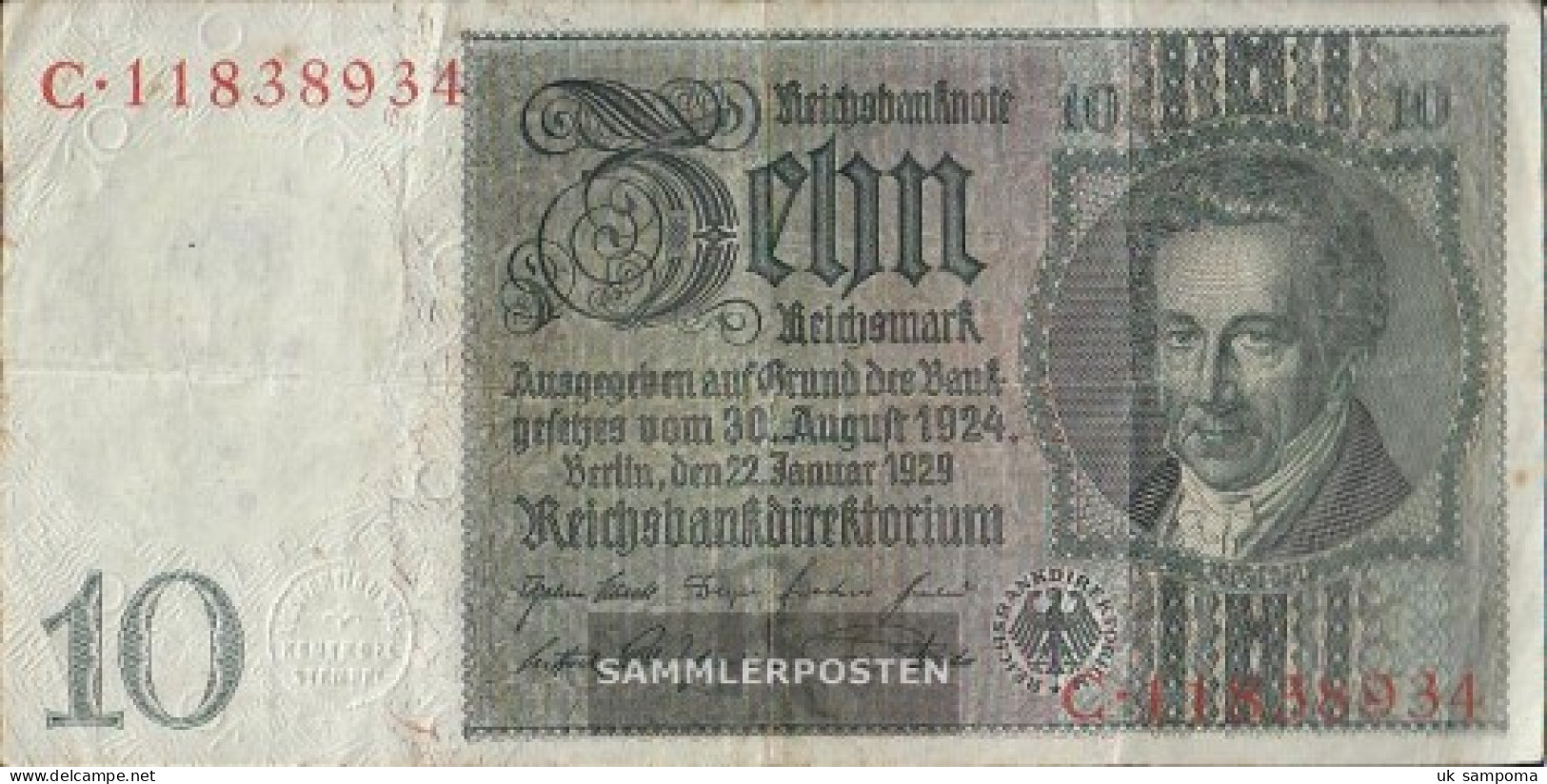 German Empire Rosenbg: 173a Udr.- Bst. R, Series: A-F, WZ. Thaer Used (III) 1929 10 Reichsmark - 10 Mark