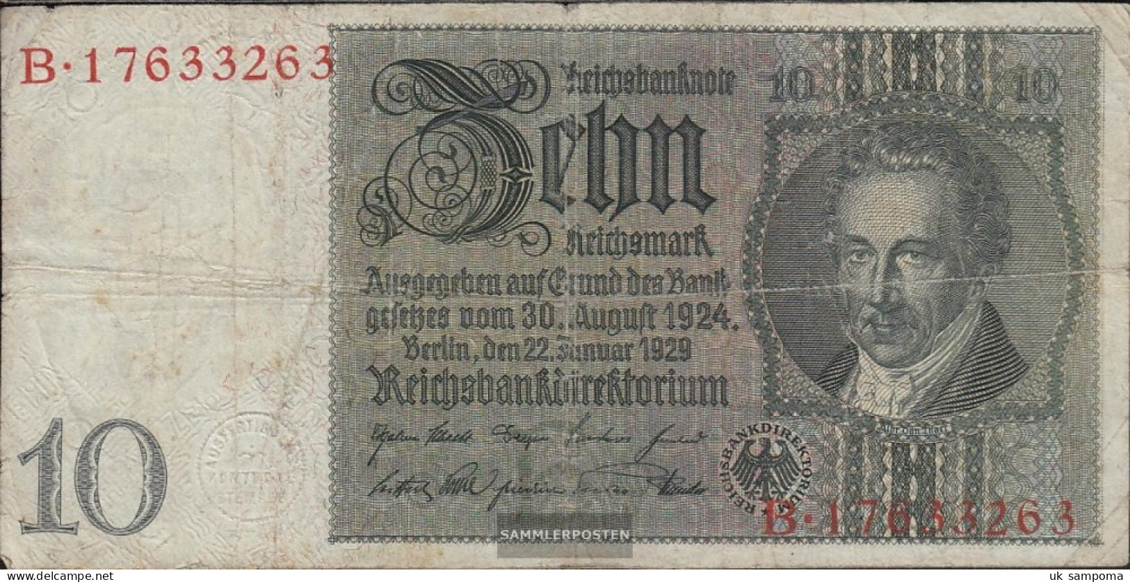 German Empire Rosenbg: 173a Udr.- Bst. B, Series: A-F, WZ. Thaer Used (III) 1929 10 Reichsmark - 10 Mark
