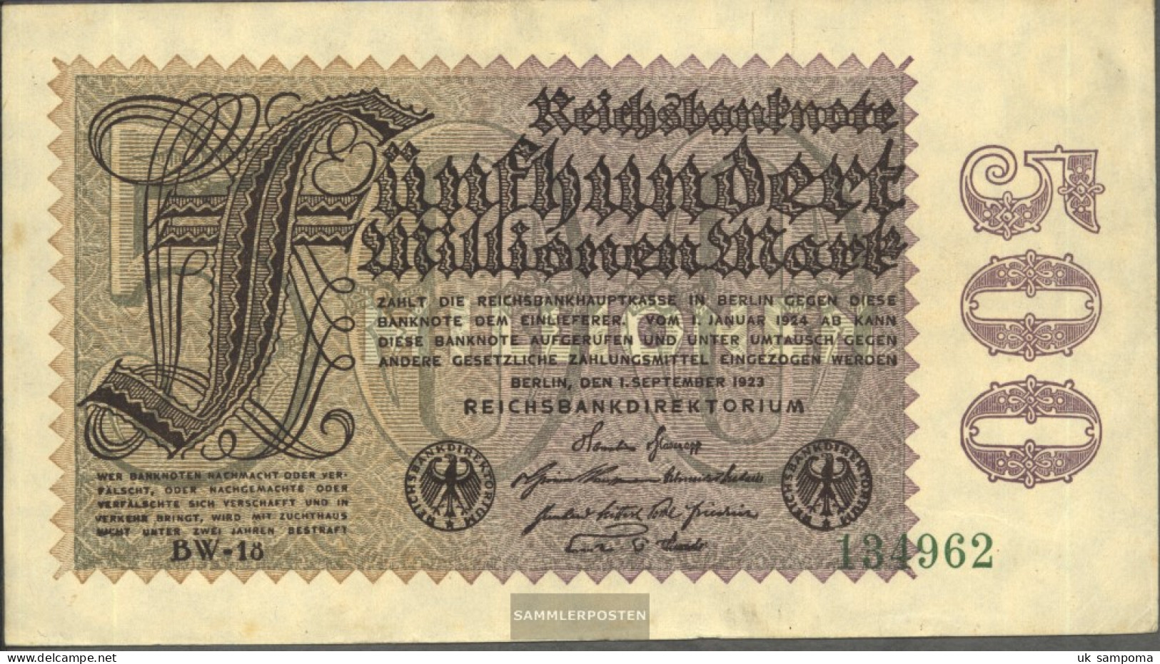 German Empire Rosenbg: 109f, Watermark Rings 6stellige Kontrollnummer Used (III) 1923 500 Million Mark - 500 Miljoen Mark
