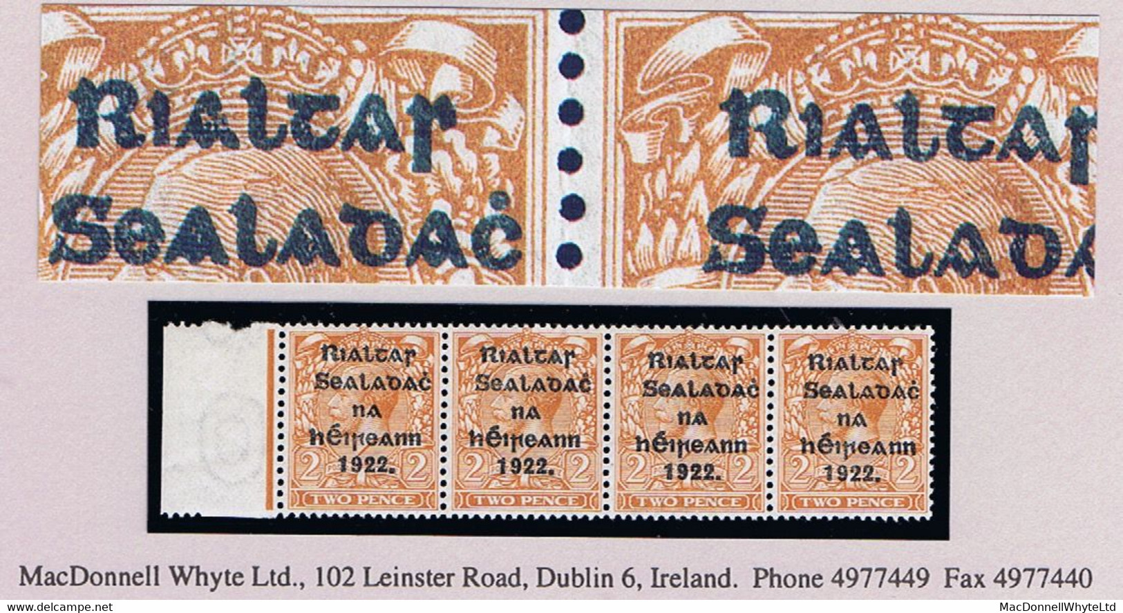 Ireland 1922 Thom Rialtas Blue-black 2d Orange Die 2 Marginal Strip Of 4 Each With Var "R Over Se" Mint Unmounted - Neufs