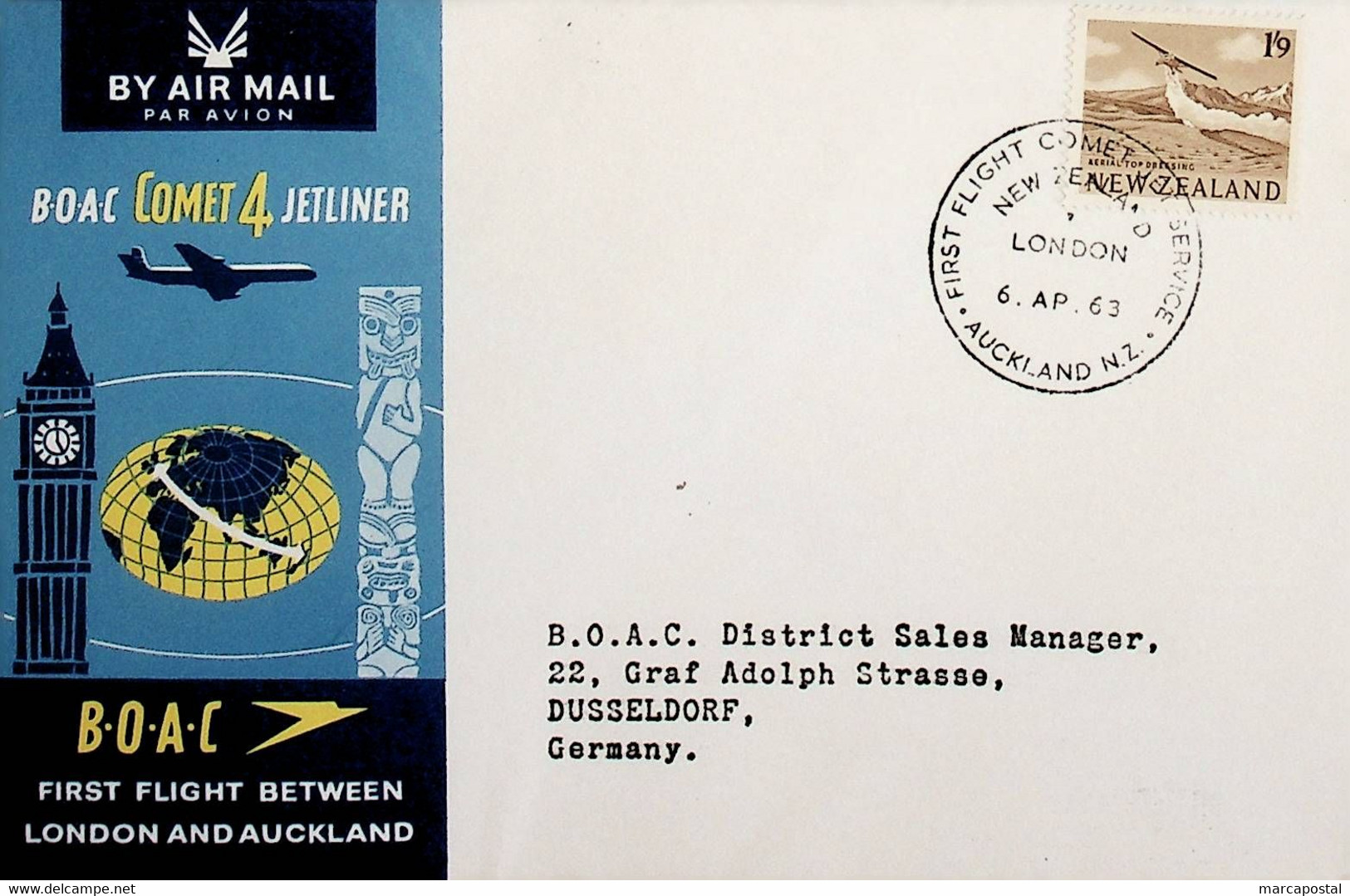 1963 New Zeland 1st BOAC Flight London - Auckland (Link Between Auckland And Dusseldorf - Return) - Corréo Aéreo