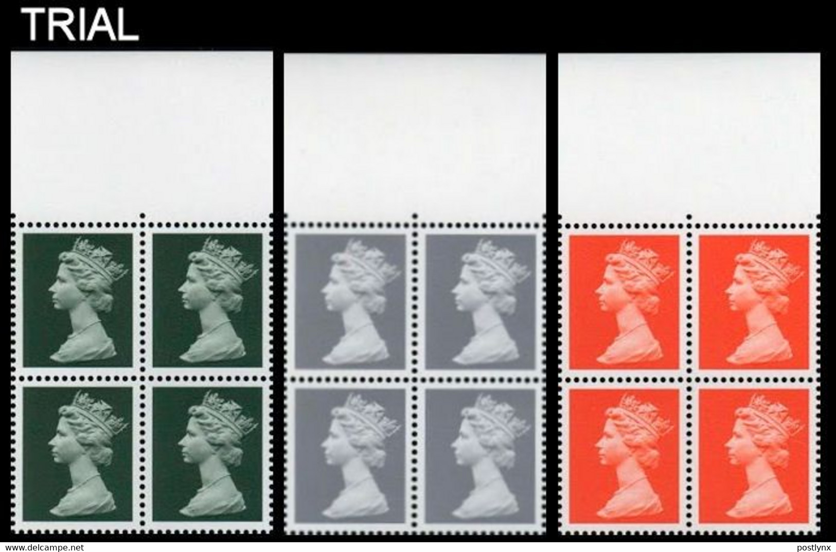 GREAT BRITAIN 1997 Machin D.green (2p) L.grey (29p) Flame (1st)TRIAL MARG.PRINT 4-BLOCKS:3 - Proeven & Herdruk