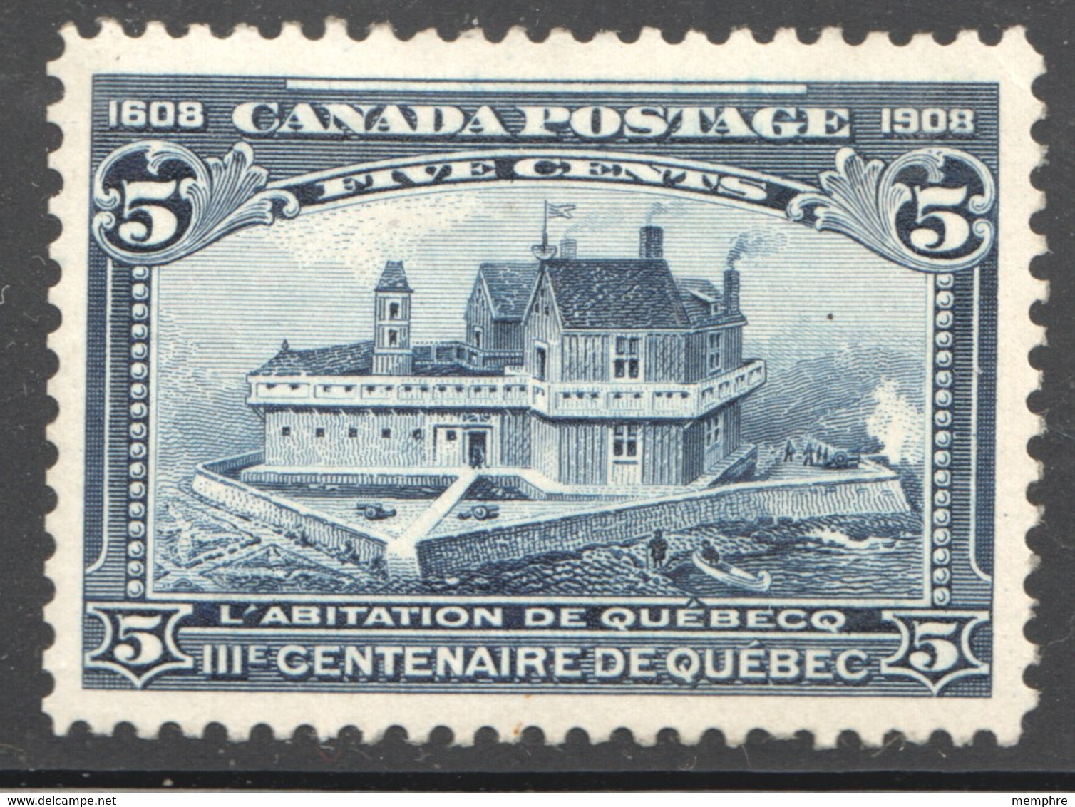 1908  Quebec City Tercentenary  5 ¢  Abitation De Québec  Scott 99  Superb Centering  MH * - Ungebraucht