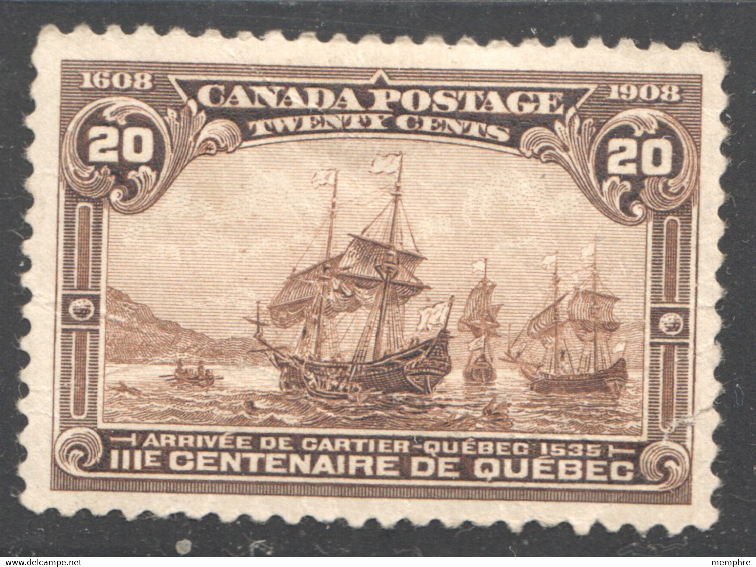 1908  Quebec City Tercentenary  20 ¢  Cartier's Arrival 1535  Scott 103  MH *  Very Good Centering Gum Bends - Ungebraucht