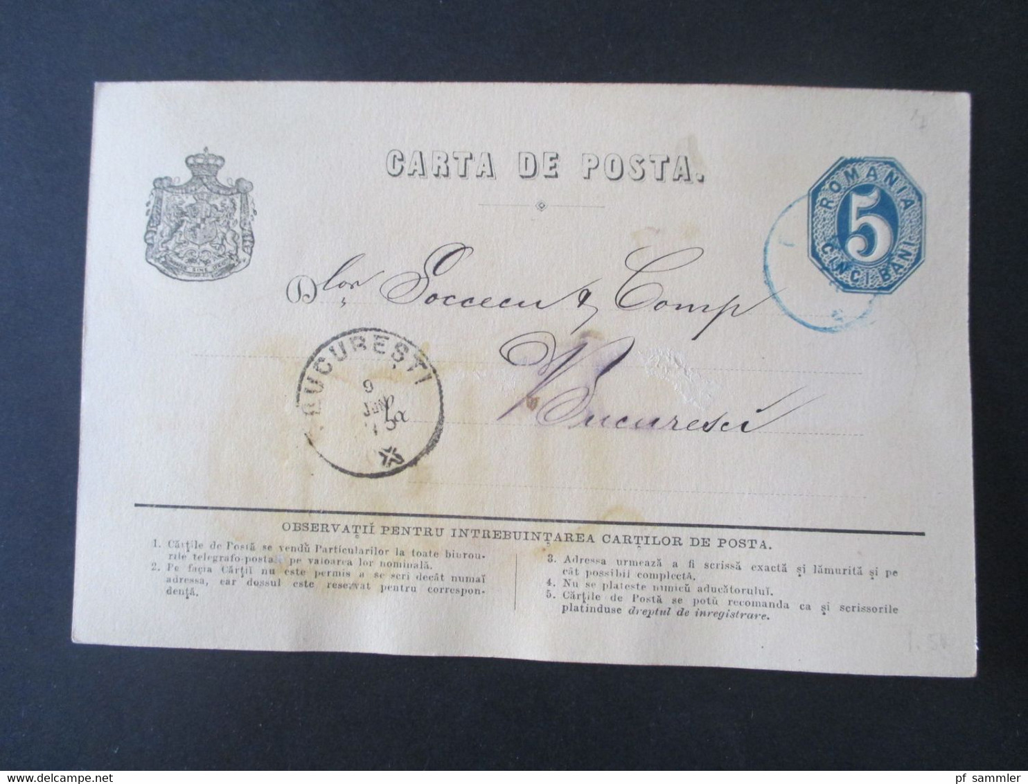 Rumänien 7. Juni 1875 Ganzsache P 7 Mit Blauem Stempel!! Und Ank. Stempel Bucuresti Geschrieben In Craiova - 1858-1880 Moldavië & Prinsdom