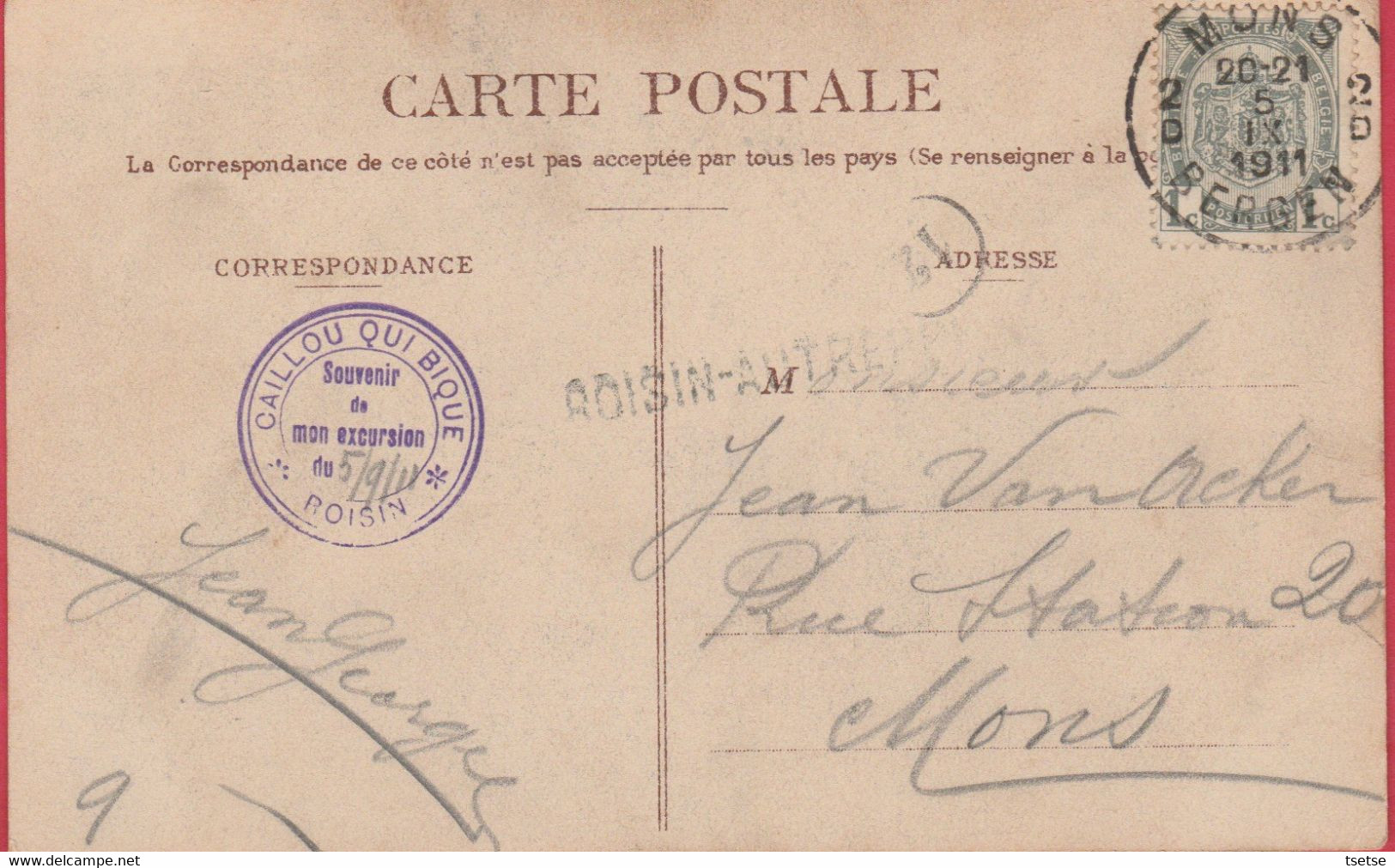 Roisin - Le Caillou Qui Bique ... Vieux Granit Célébré Par Tout Le Monde - 1911 ( Voir Verso , Cachet Spécial, Griffe  ) - Honnelles