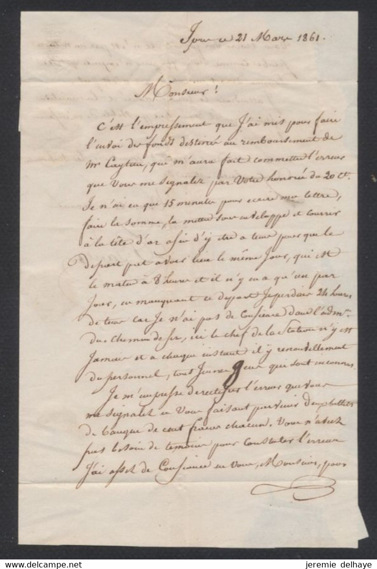 LAC Non Affranchie En PP Daté De Ypres (1861) + Griffe Encadré CHARGE Et Manusc. > Notaire à Gand - Portofreiheit