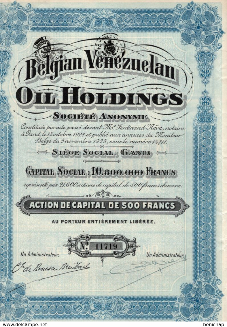 Action De Capital De 500 Frcs Au Porteur - Belgian Venezuelan Oil Holdings S.A. - Gand 1928. - Erdöl