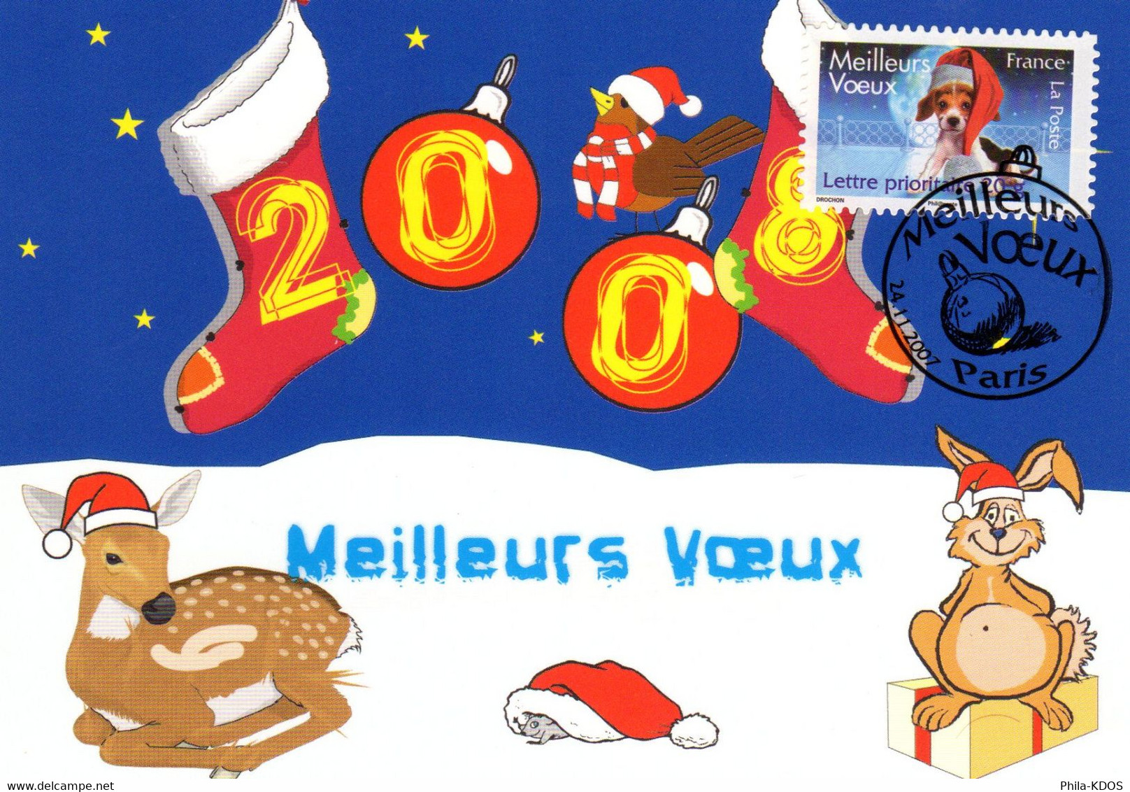 " MEILLEURS VOEUX 2007 : CHIEN AVEC BONNET ROUGE " Sur Carte Maximum De 2008 N° YT ADH 144  Parfait état. CM - Stripsverhalen