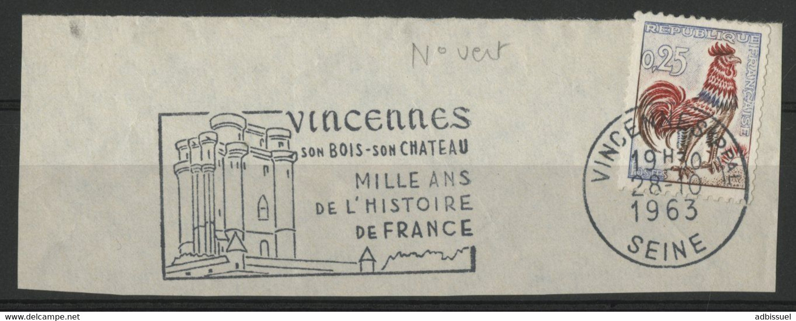 N° 1331c Roulette Du 25ct Numéro Vert Au Verso "coq De Decaris". Sur Fragment Avec Obl Mécanique "Vincennes 28/10/63" - 1962-1965 Coq De Decaris