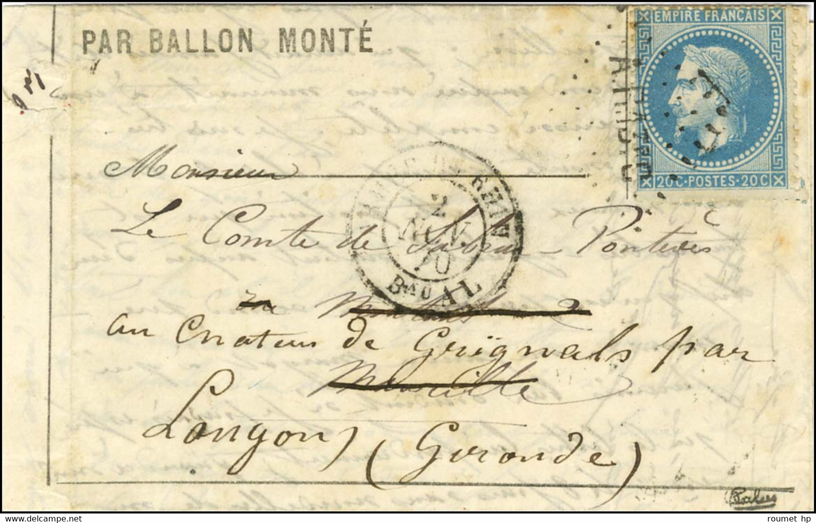 Losange AR 13e C / N° 29 Càd ARMEE DU RHIN / Bau AL 2 NOV. 70 Sur Lettre PAR BALLON MONTE Pour Marseille Avec Texte Daté - Guerra De 1870