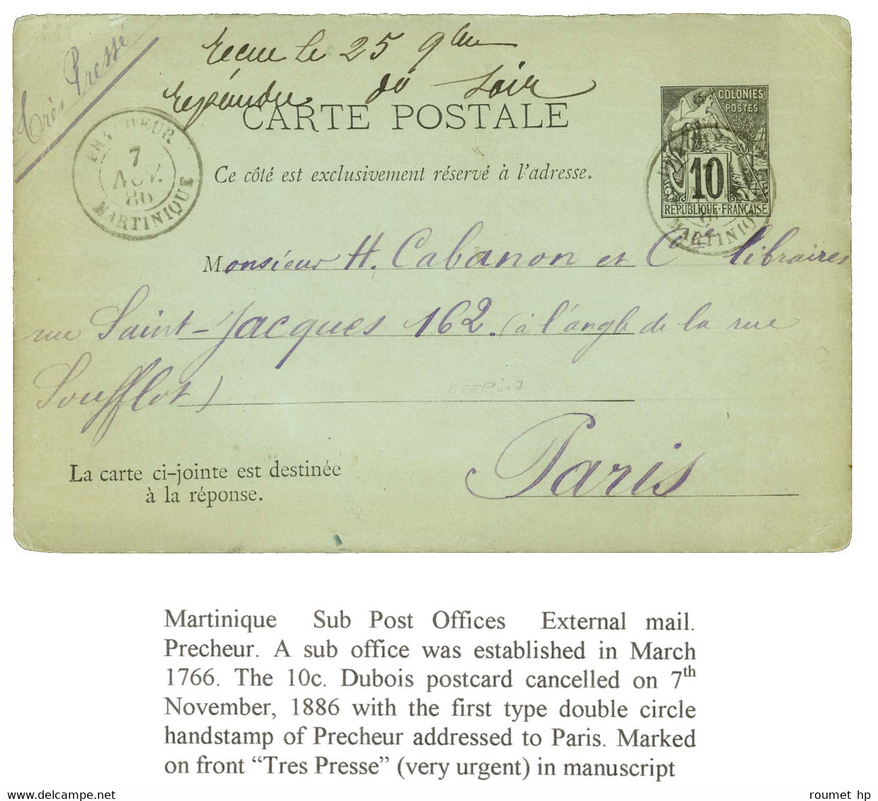 Càd PRECHEURS / MARTINIQUE Sur Entier 10c Alphée Dubois Pour Paris. 1886. - TB / SUP. - R. - Correo Marítimo