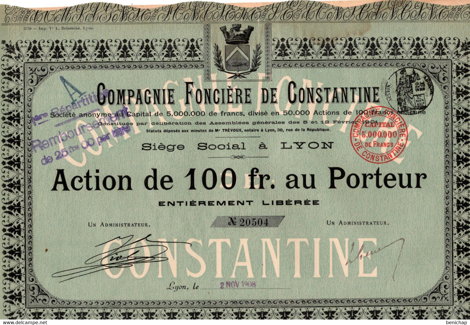 Action De 100 Frcs Au Porteur - Compagnie Foncière De Constantine - Lyon 1908. - Banque & Assurance