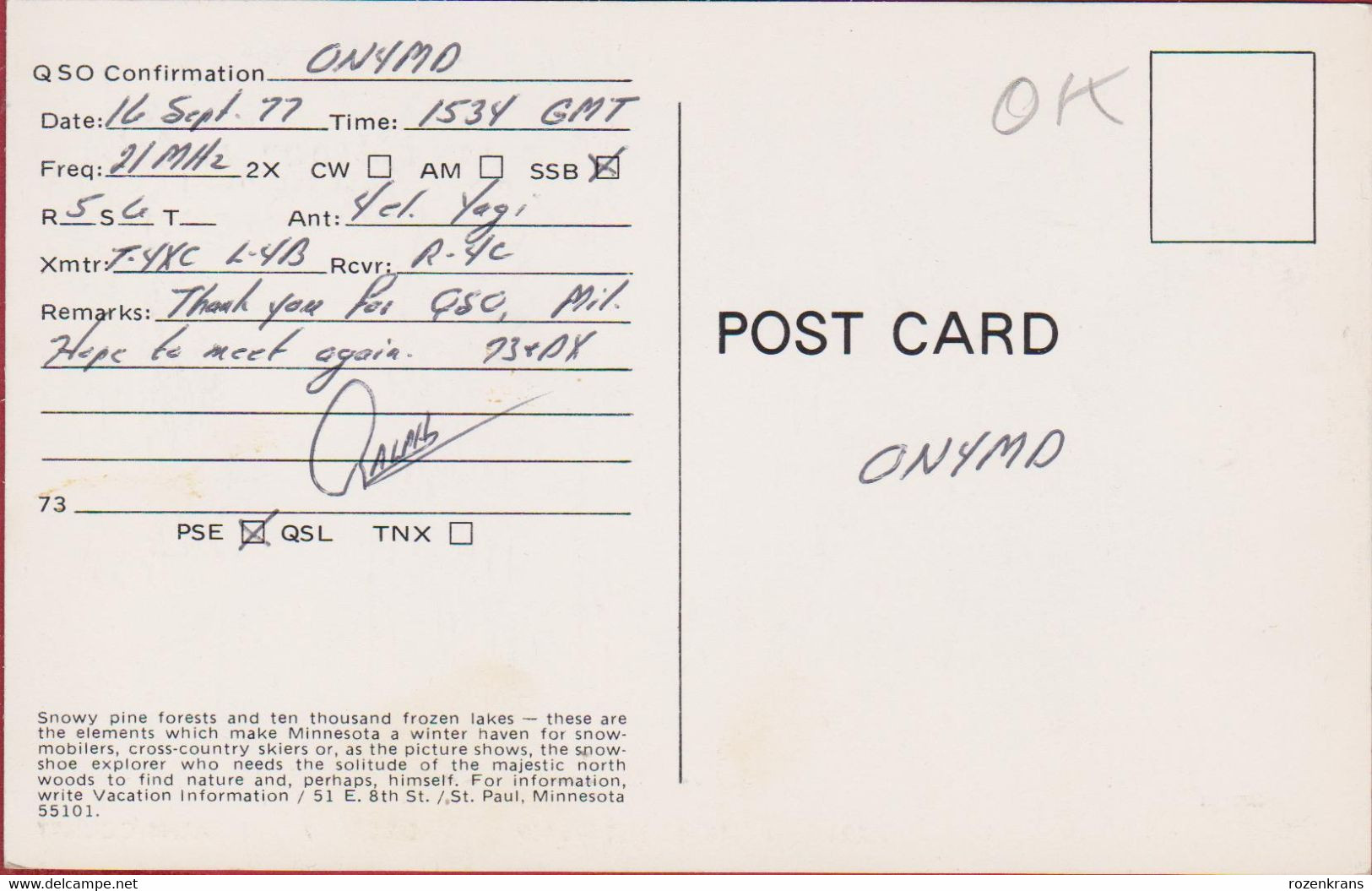 QSL Card Amateur Radio Funkkarte St. Cloud Minnesota Snow Shoe Explorer 1977 USA - Amateurfunk