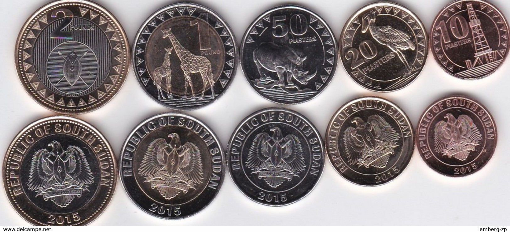 Sudan South - Set 5 Coins 10 20 50 Piastres 1 + 2 Pounds 2015 UNC Lemberg-Zp - Sudan