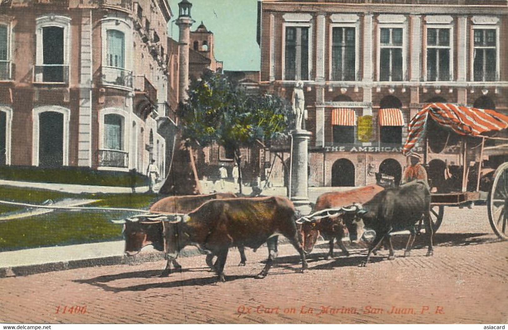 Puerto Rico Ox Cart On La Marina San Juan In Front Of The American Commercial Bank  Attelage De 4 Boeufs . - Puerto Rico