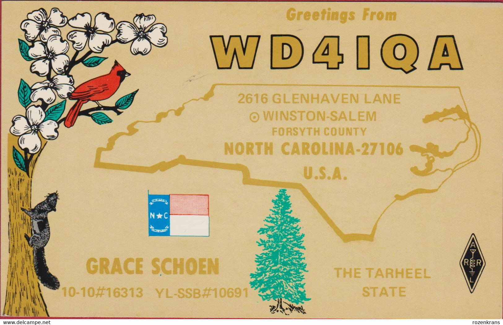 QSL Card Amateur Radio Funkkarte Grace Schoen Winston Salem Forsyth County North Carolina USA 1979 - Radio Amateur