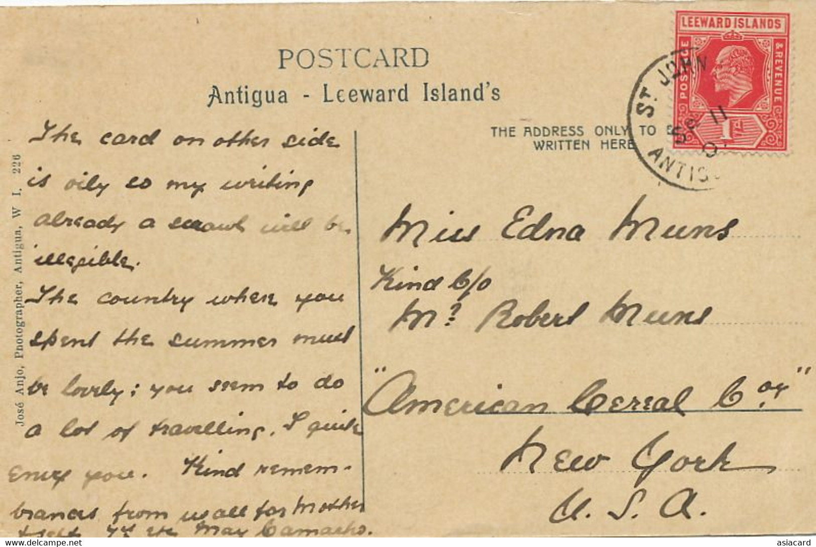 St John's Harbour No 5 , Antigua W.I.  1907 Used Leeward Islands Stamp. Light Crease Right Side - Antigua & Barbuda