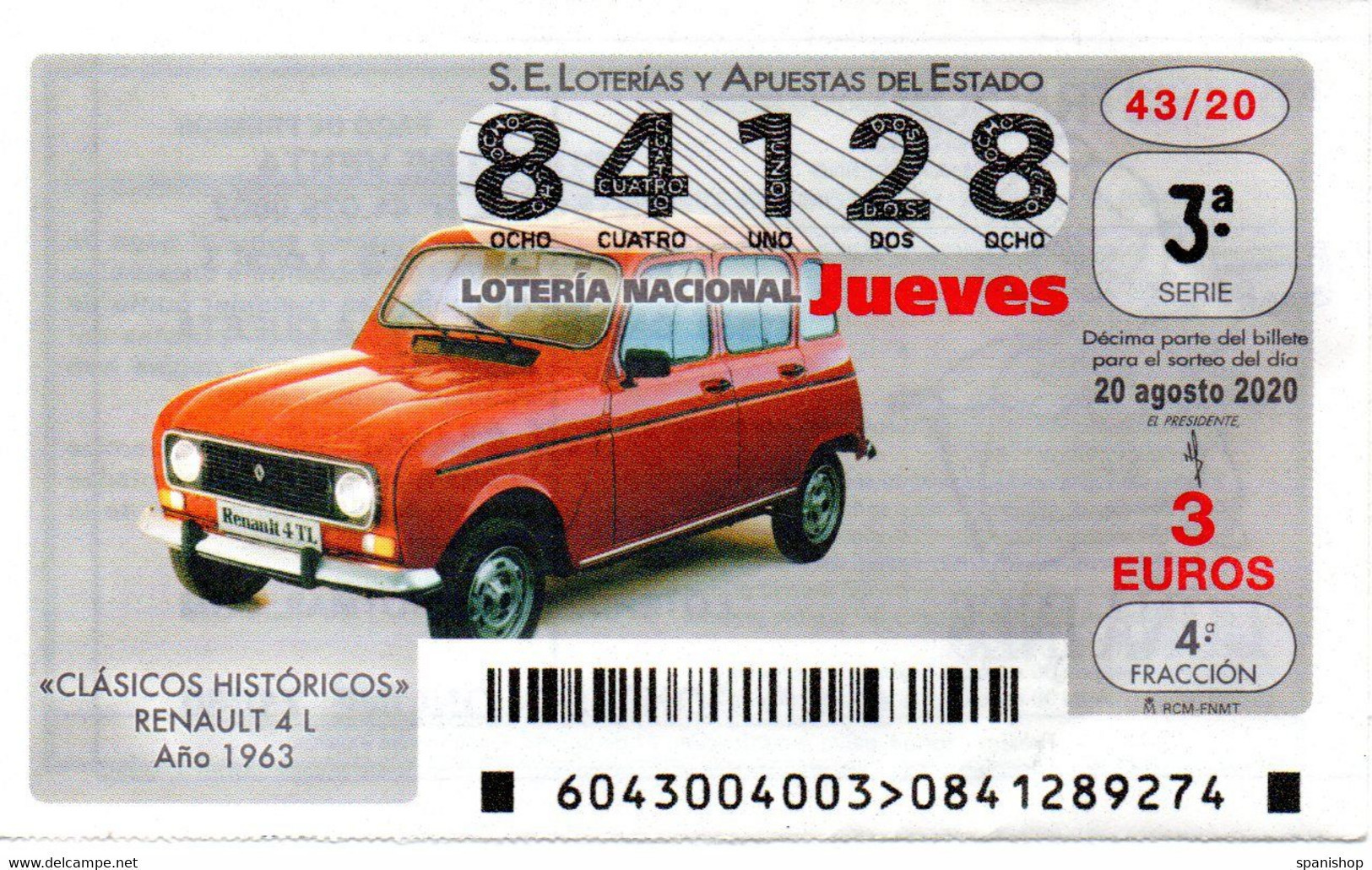 SPAIN LOTTERY TICKET VINTAGE AUTOMOVIL RENAULT 4 L . CAR VOITURE COCHE - Loterijbiljetten