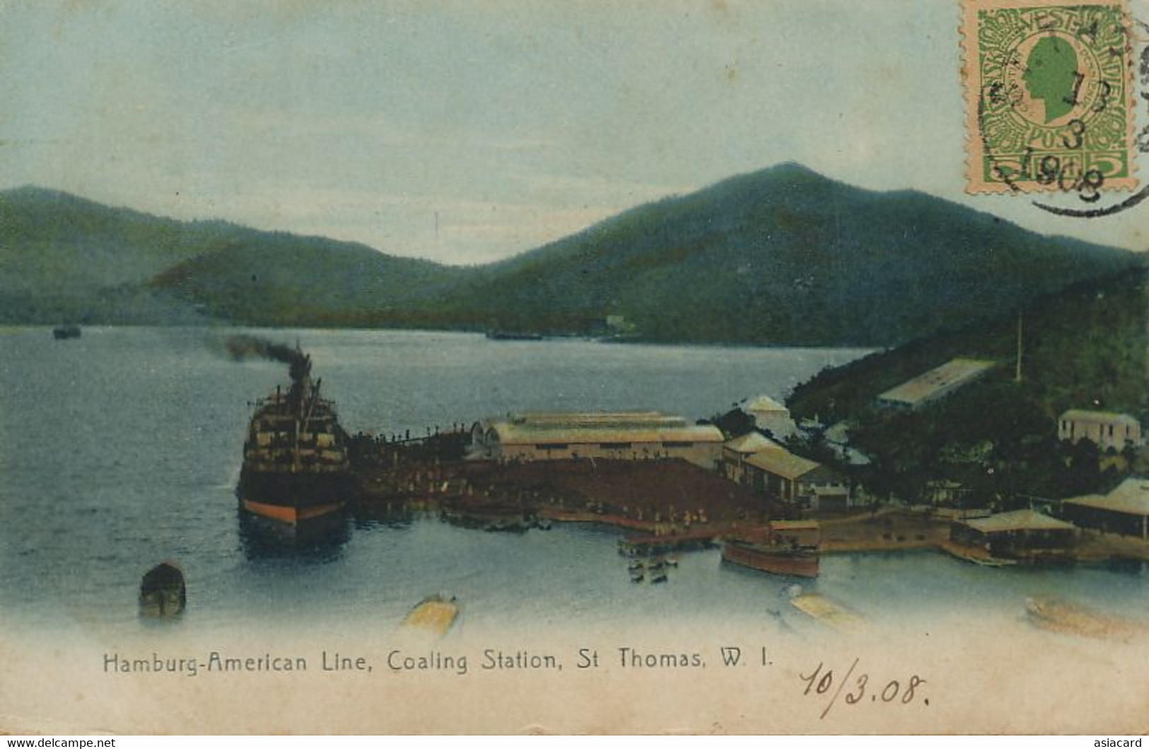 Danish West Indies . Hamburg American Line Coaling Station Loading Coal   St Thomas . P. Used 1908 To Cuba . Lolo Bugel - Virgin Islands, US