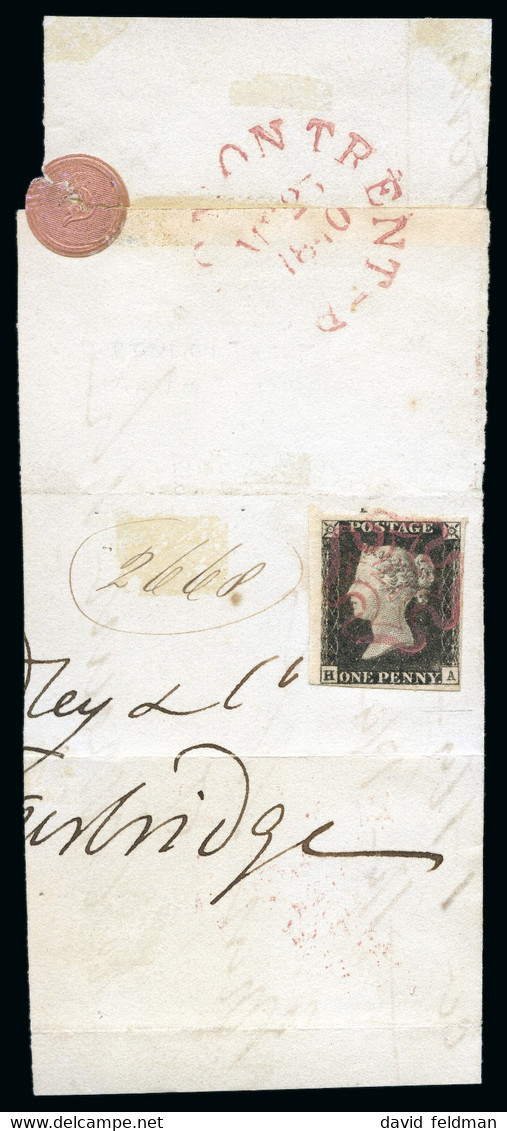 1840 1d Black Pl.1a HA, Fine To Very Large Margins, Tied By To A Large Piece By A Beautiful And Crisp MAGENTA Maltese Cr - Gebraucht