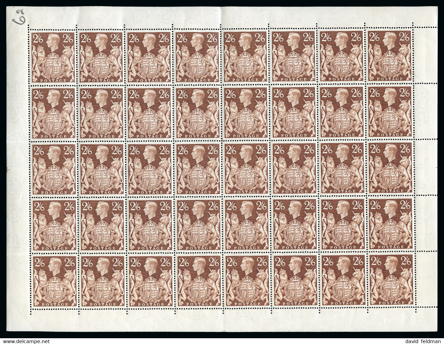 1939-48 High Values 2s6d Brown In Mint Nh Complete Sheet Of 40 - Ungebraucht