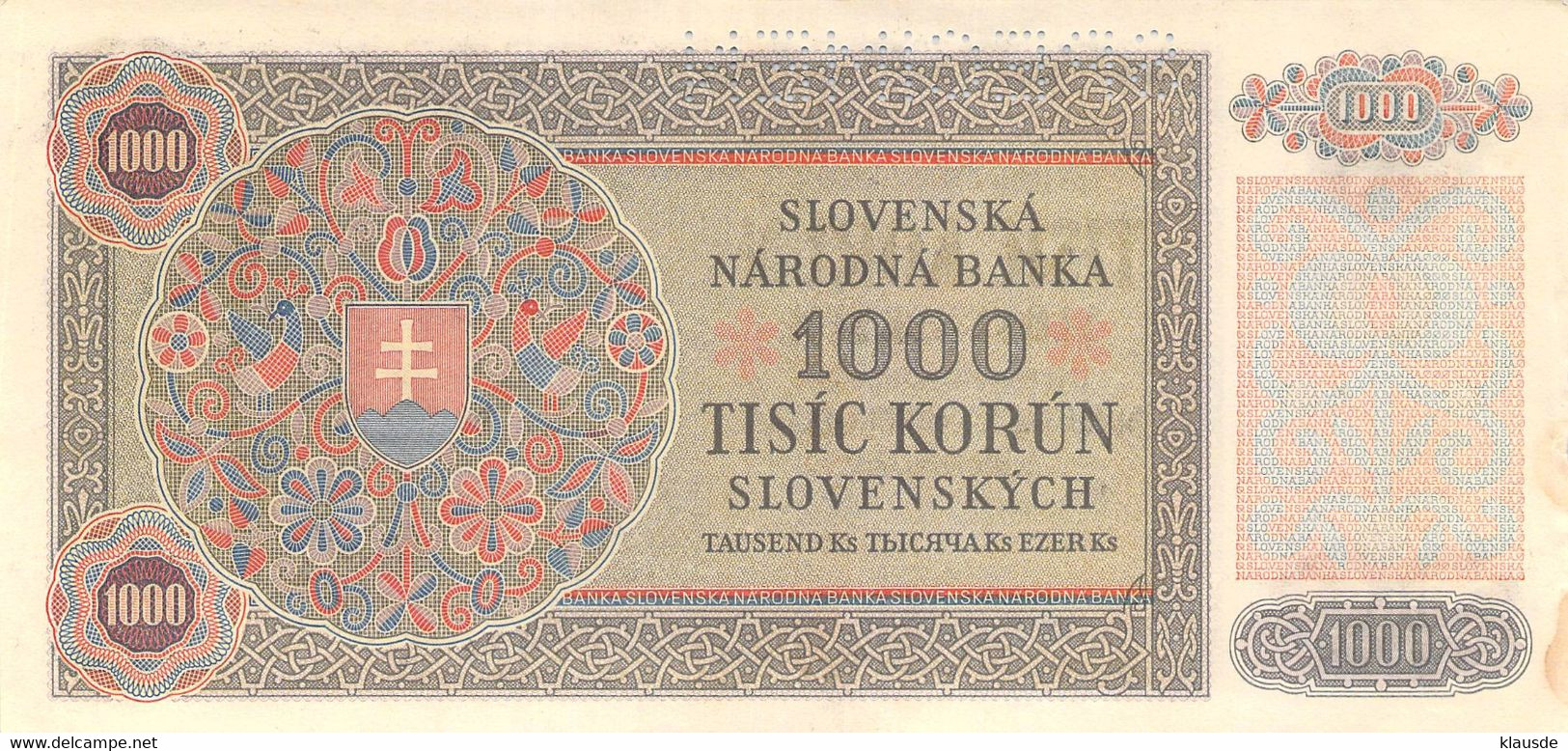 Slowakei 1000 Korun Geldschein, 1940 UNC Spezimen - Slowakei