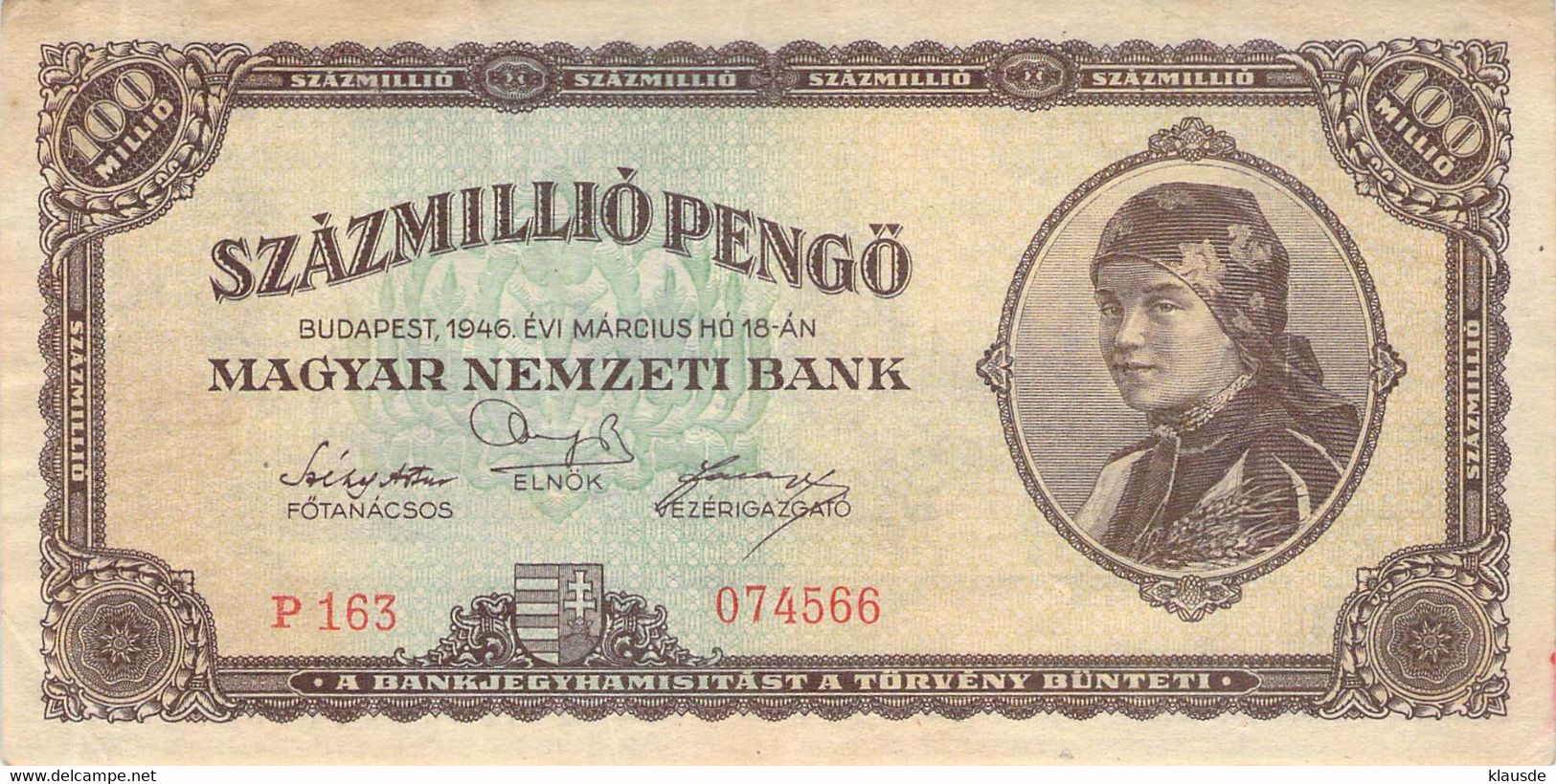 Hungary 1946 100 Million Mil Pengo VF/F (III) - Hongrie