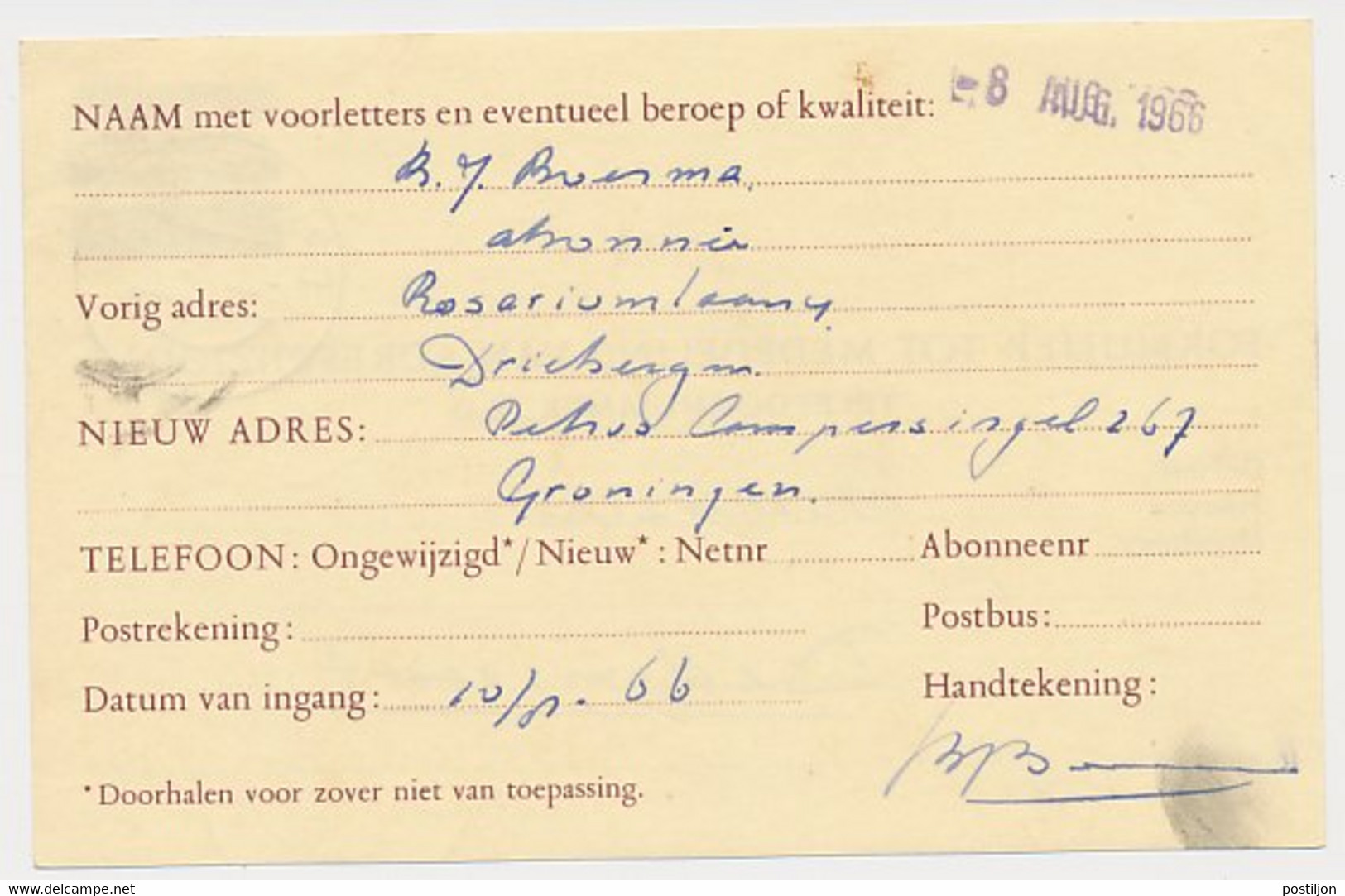 Verhuiskaart G. Driebergen - Dedemsvaart 1966 - Interi Postali