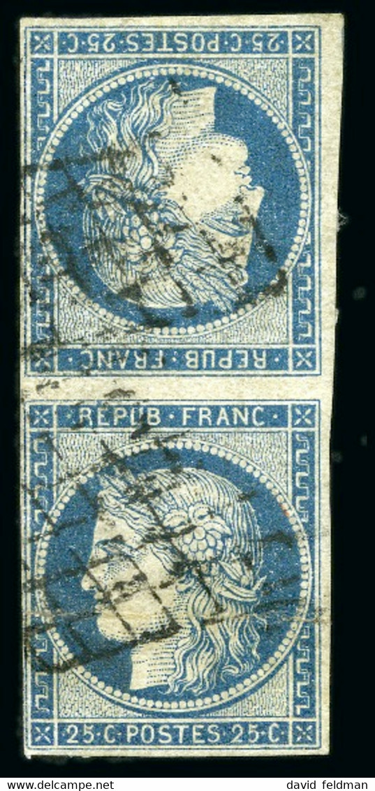 1849, Cérès 25c Bleu En Paire TETE-BECHE Oblitération Grille - 1849-1850 Ceres
