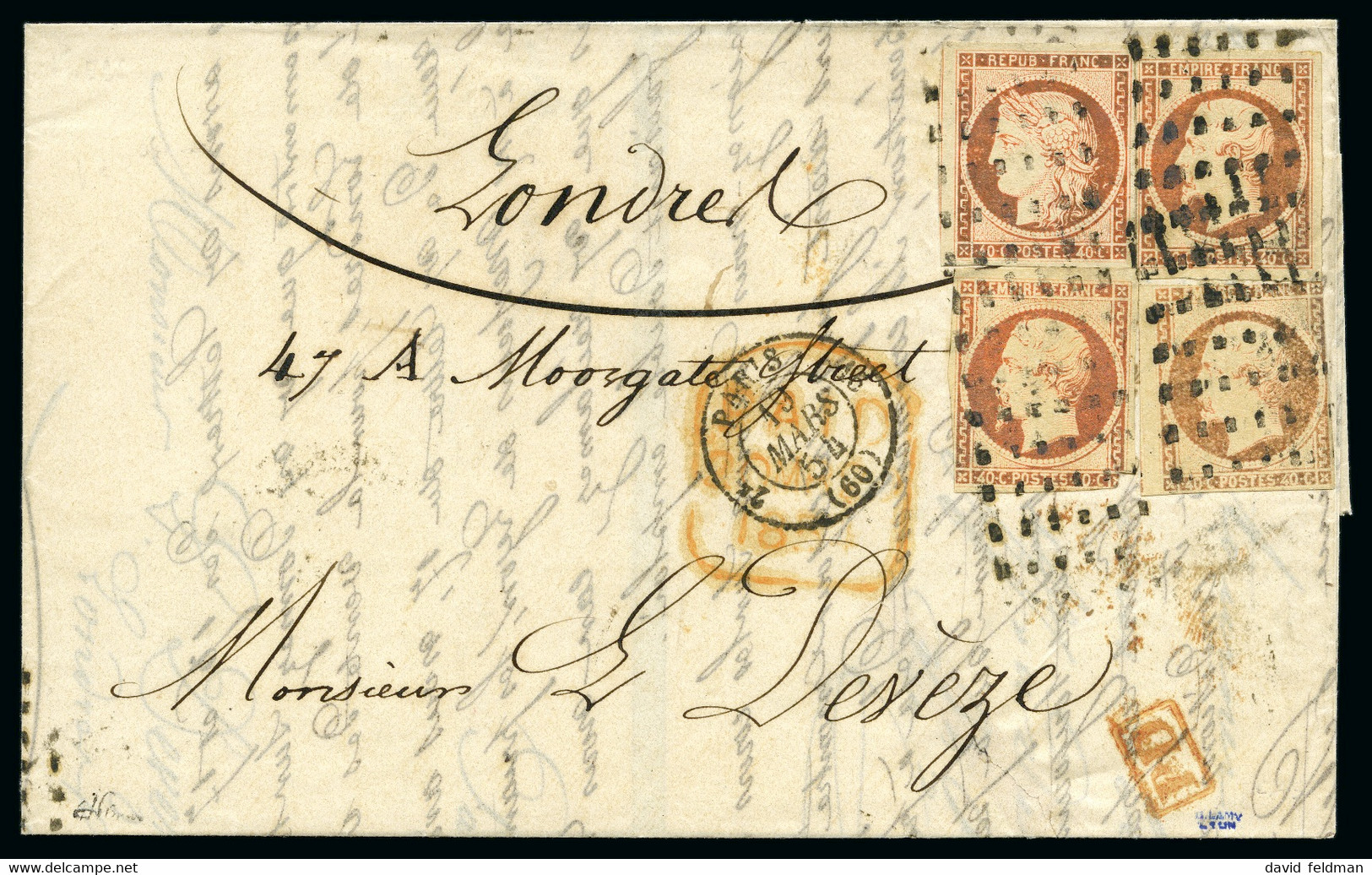 RARISSIME COMBINAISON 40c Cérès + 40c Napoléon, 1854 : Lettre De Paris - 1849-1850 Cérès