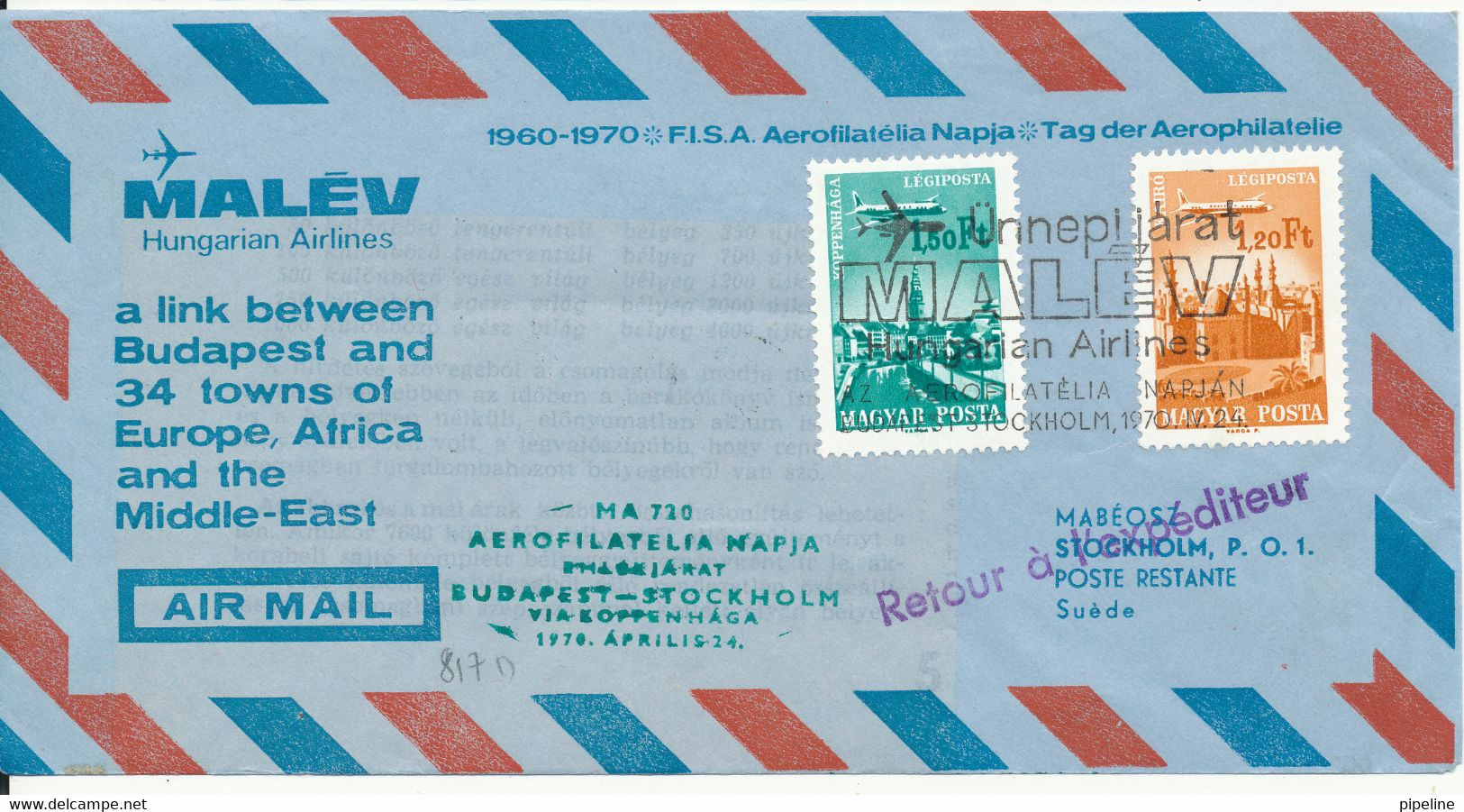Hungary Air Mail Cover First Malev Flight Budapest - Stockholm Via Copenhagen 4-4-1971 - Lettres & Documents