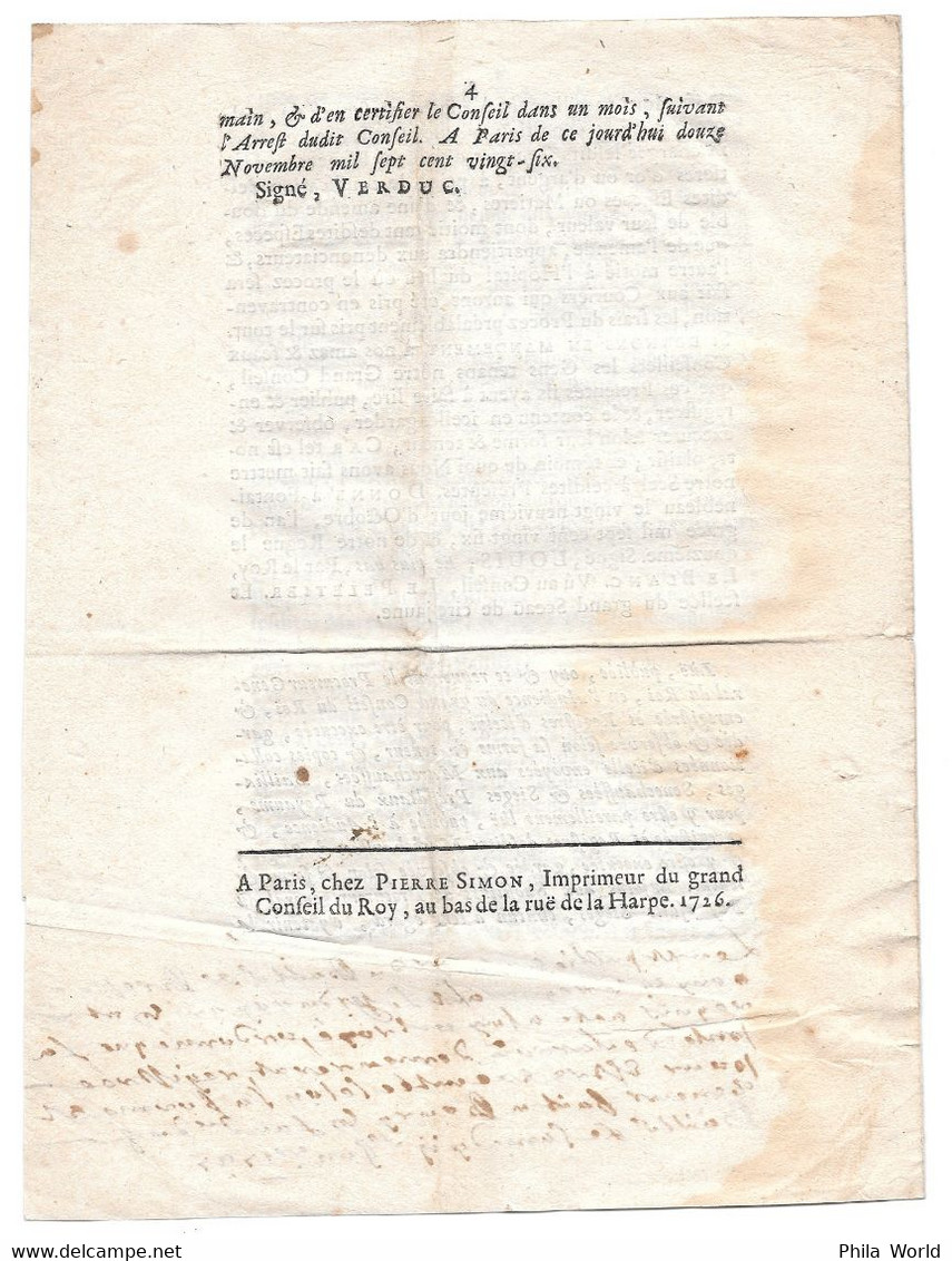 DECLARATION DU ROY LOUIS XV Du 29 Octobre 1726 - Aucunes Especes Or Argent Dans Les Courriers... Signé VERDUC - Decretos & Leyes