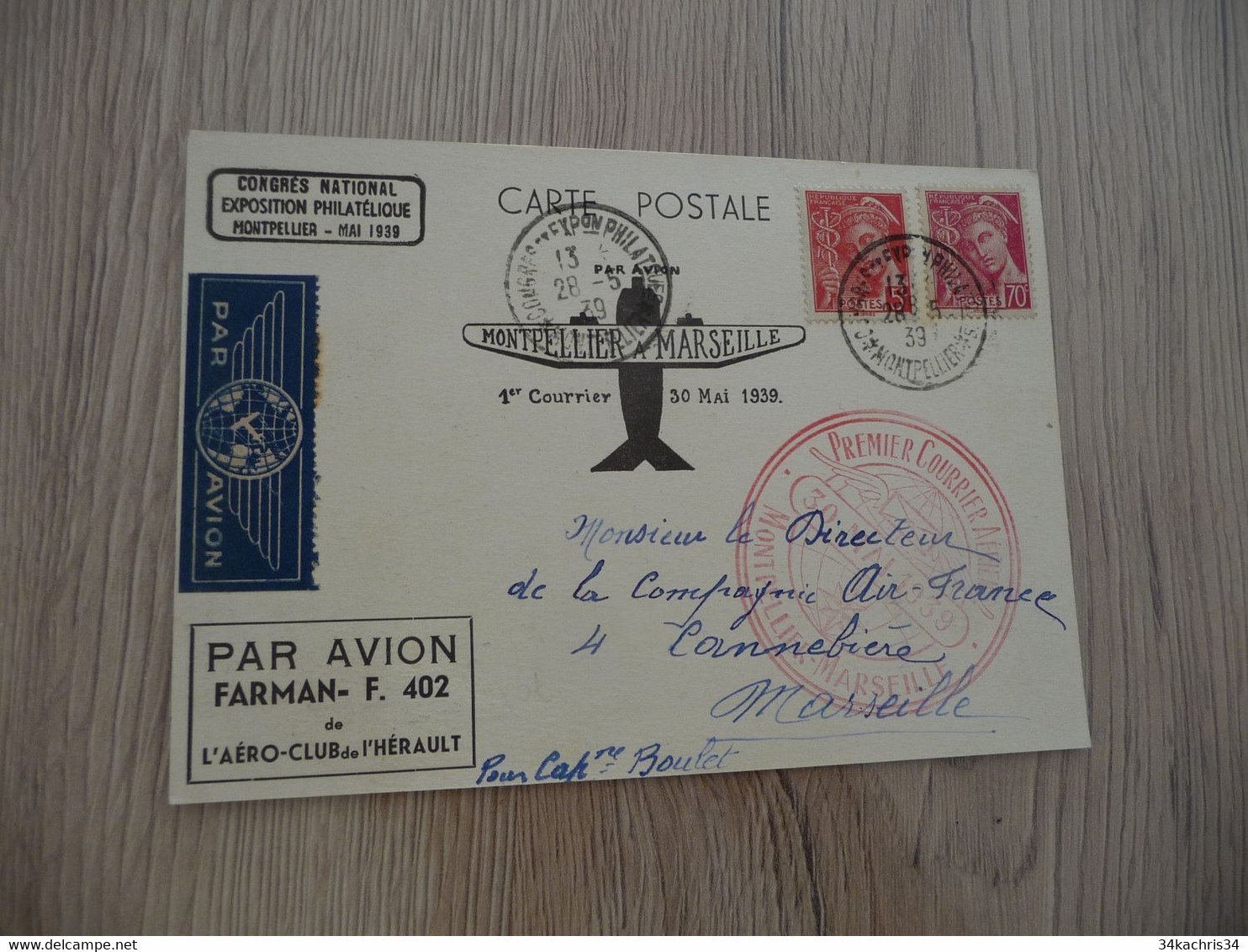 Sur CPA Association Philatélique De Montpellier Premier Vol Montpellier Marseille Par Avion Farman 1939 - 1960-.... Briefe & Dokumente