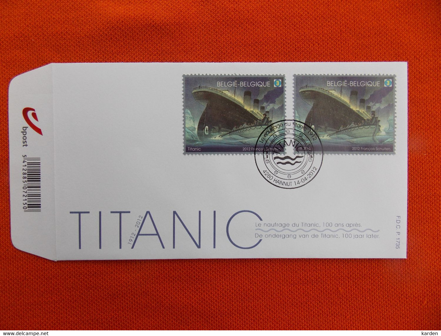 First Day Cover 2012 Titanic De Ondergang / Le Naufrage      FDC P. 1735 - 2011-2014