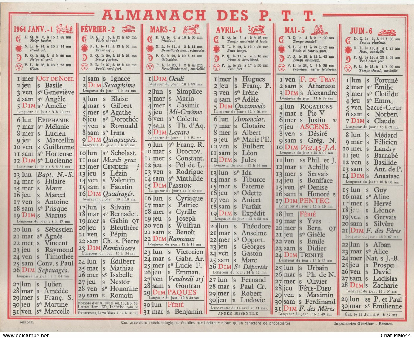 Calendrier De Son Ou De Votre Année De Naissance. 1964. Almanach Des P.T.T. - Grand Format : 1961-70