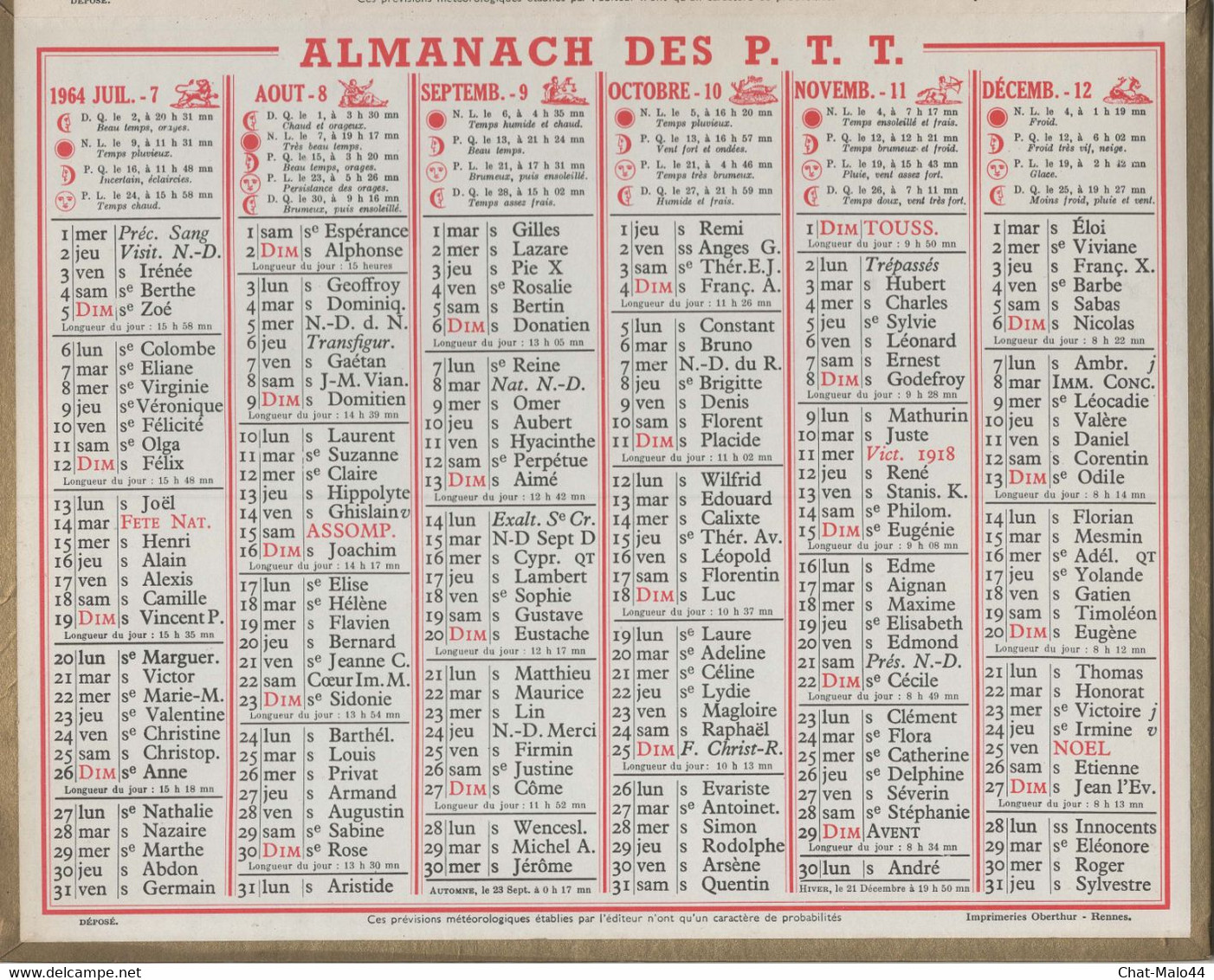 Calendrier De Son Ou De Votre Année De Naissance. 1964. Almanach Des P.T.T. - Grand Format : 1961-70